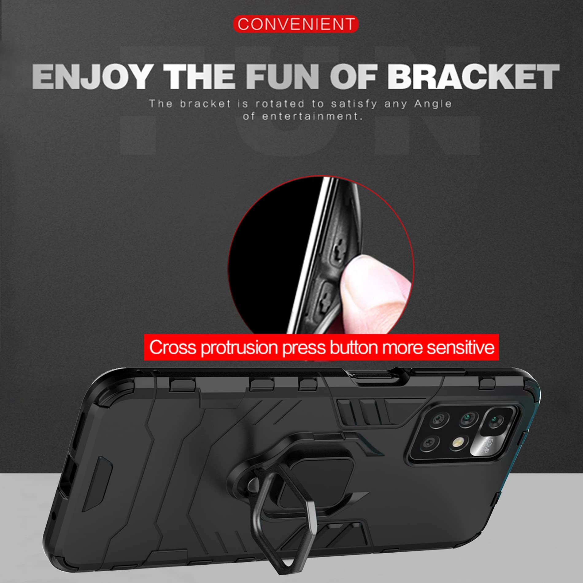 Custodia Per Xiaomi Redmi 10 Con Sportello Scorrevole Per Fotocamera - TPU+PC, Anello Metallico Girevole 360°, Supporto Magnetico, Colore Nero
