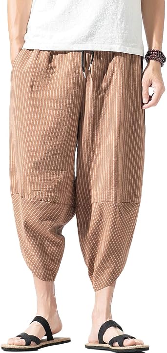 FAXIKIO Mens Cotton Harem Pants with Pockets,Summer Capri Linen Pants Drawstring,Women Baggy Wide Leg Pants Elastic Waist