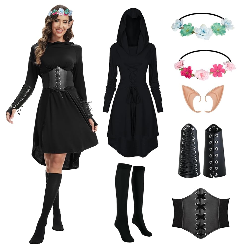 Vestito Gotico Donna Medievale Con Cappuccio - Costume Per Halloween E Carnevale, Stile Rinascimentale - Foto 13