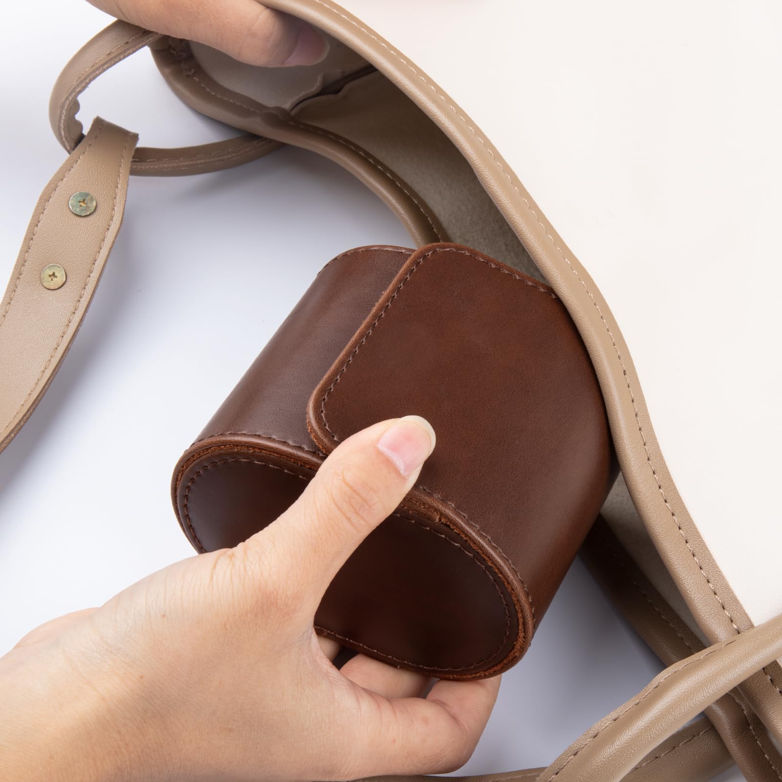 1 Slots Zylindrische Uhrenbox, Uhrenrolle Reisetasche Vintage Uhrengehäuse für Männer Frauen - Braun Upgrade-Version