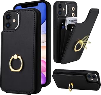 Compatible with iPhone 11 Wallet Case with Card Holder, 360aRotation Finger Ring Holder Kickstand Protective RFID Blocking PU Leather Double Buttons Flip Cover 6.1" Black