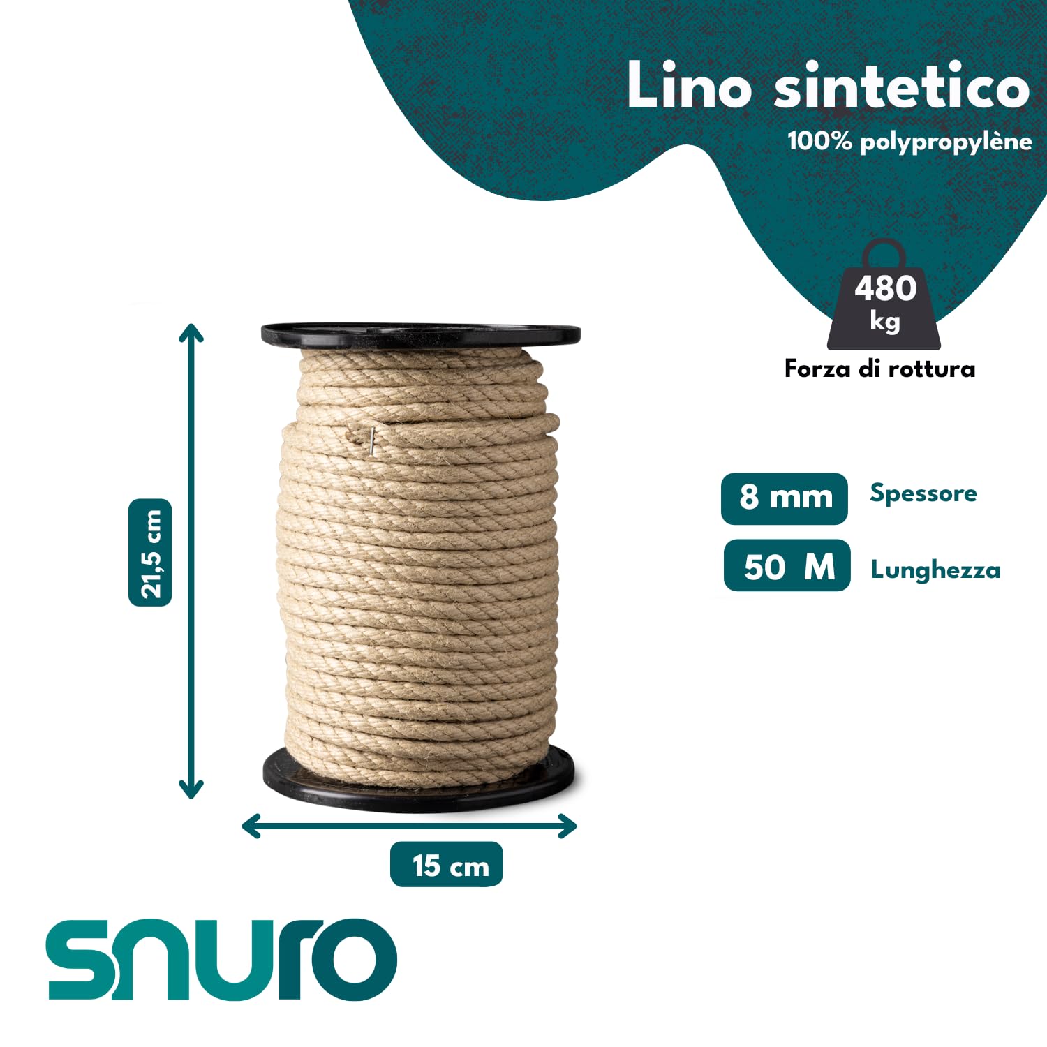 Corda sintetica (8 mm, 50 m) - Corda intrecciata con vista naturale - Corda versatile per il tempo libero, lo sport e la decorazione, forza di rottura 480 kg