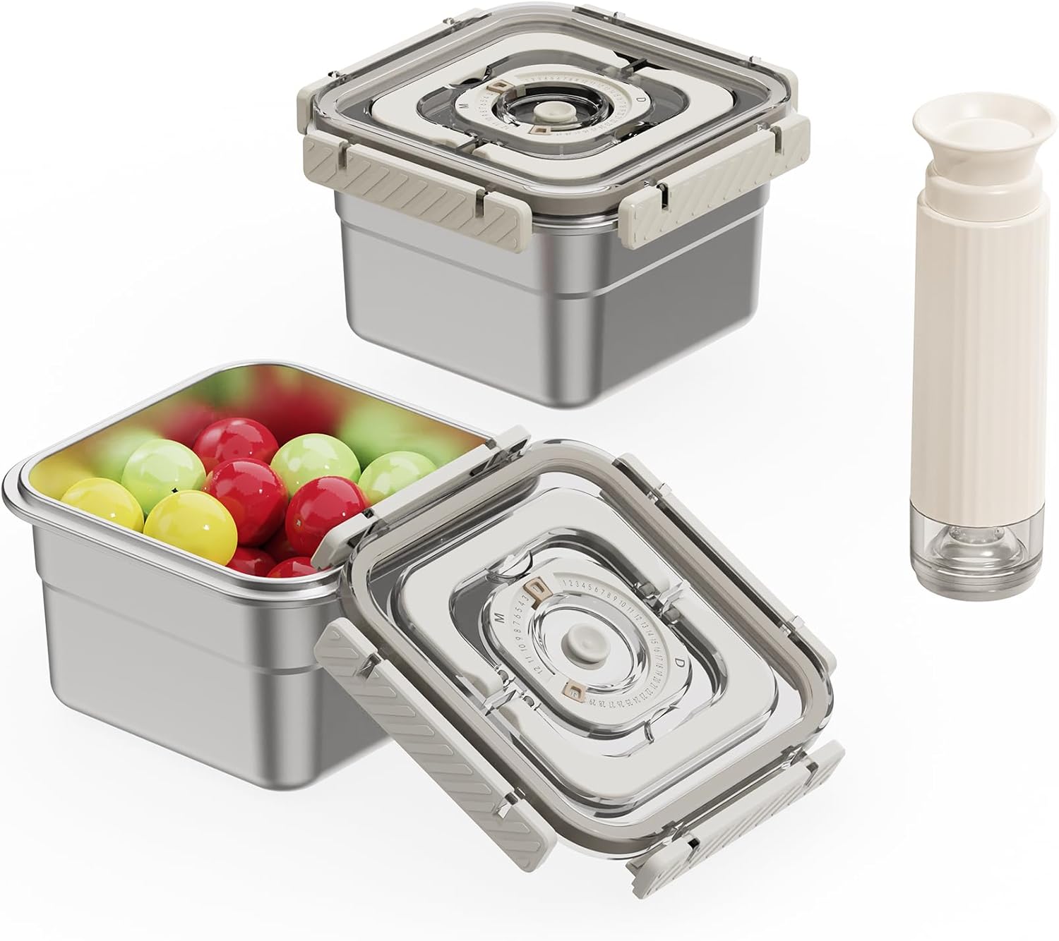 Stainless Steel Vacuum Food Storage Container with Handle- 2pack(1850ml), Large Capacity Leak-Proof Lunch Box with Hand Pump, Freezer & Dishwasher Safe - Portable for Work, Picnics