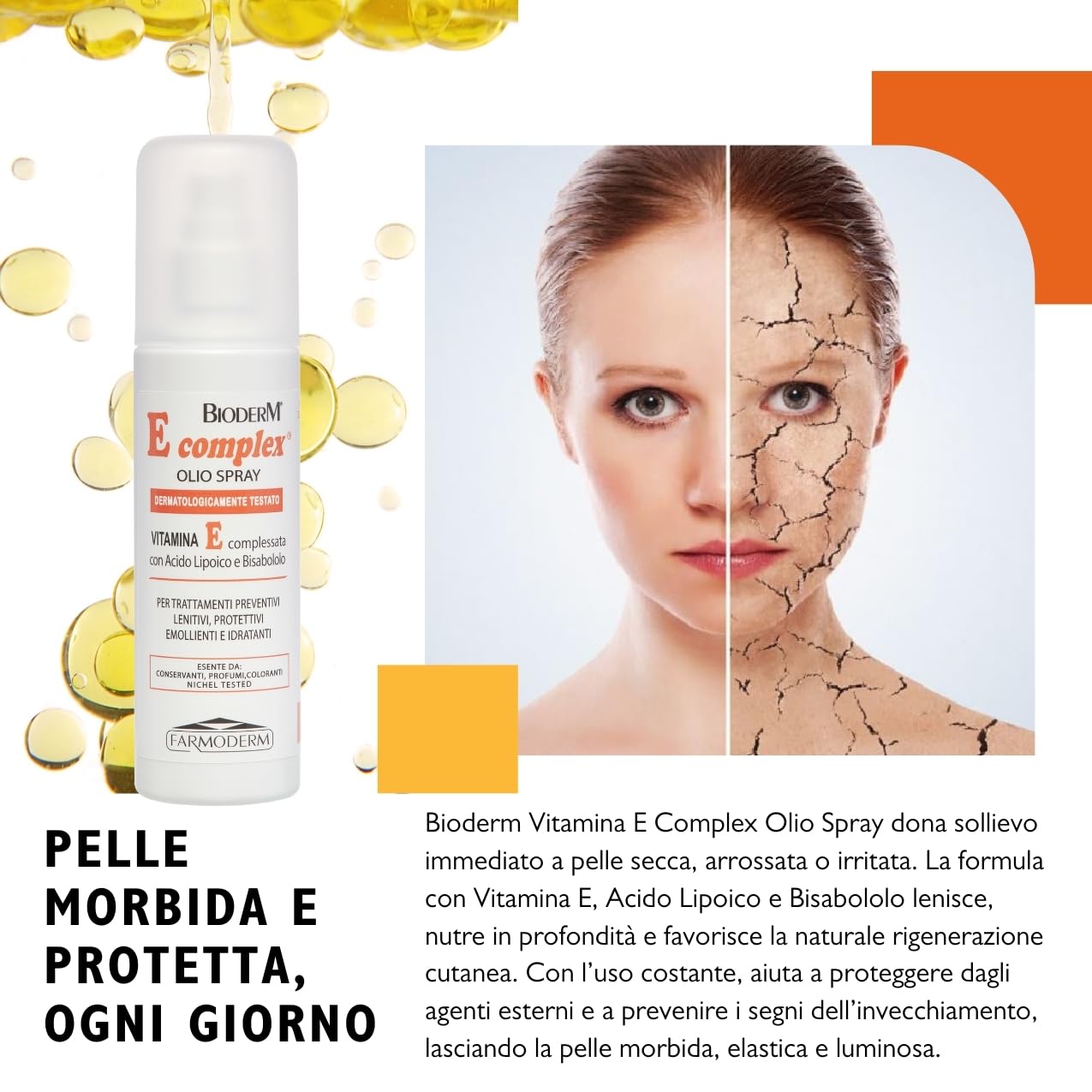 Bioderm Vitamina E Complex Olio Spray – Olio Nutriente e Lenitivo con Vitamina E | Idratante Antiossidante per Pelle Secca, Sensibile o Irritata | Uso Viso, Corpo (125ml)
