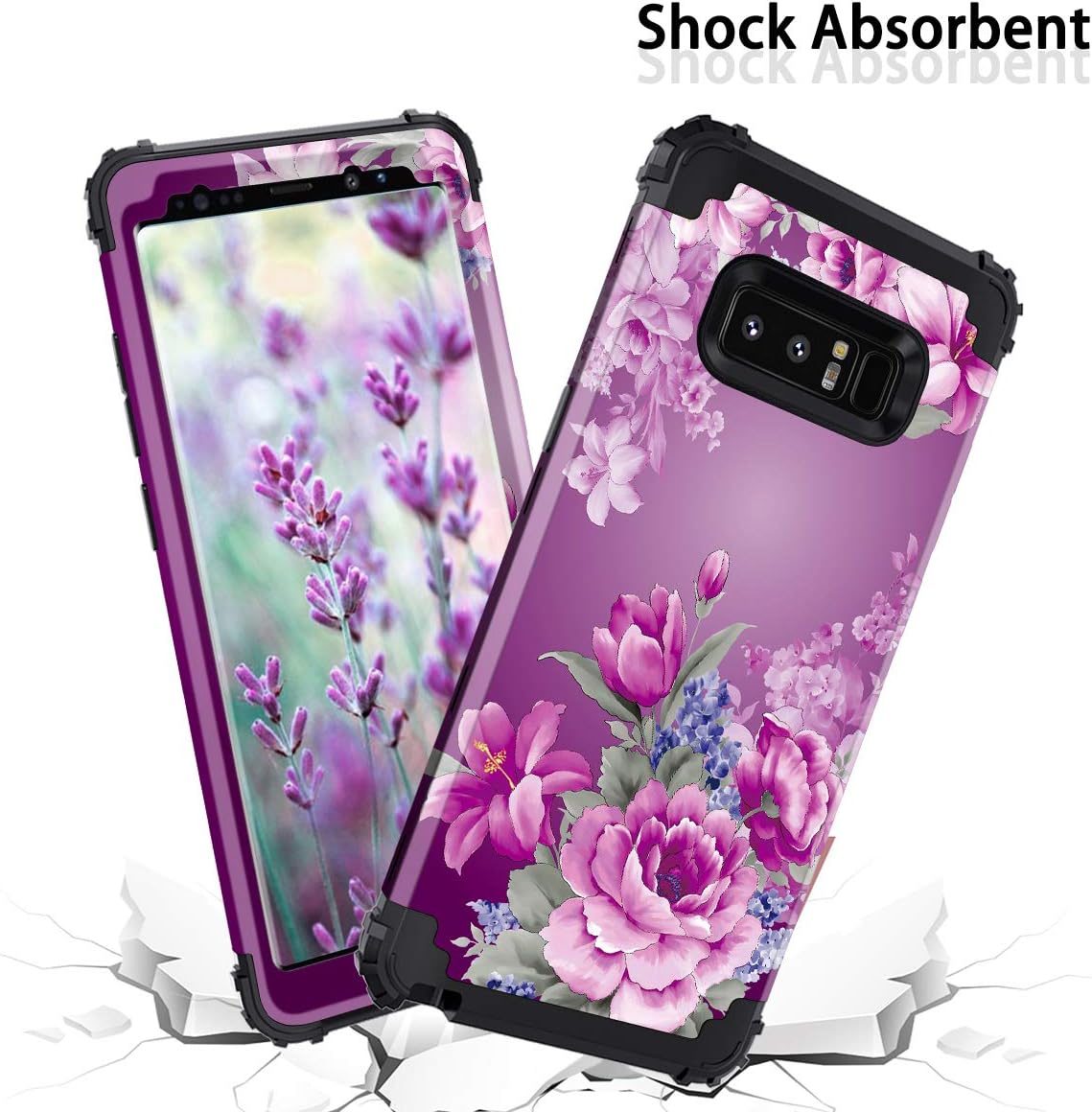 LONTECT Compatible Galaxy Note 8 Case Floral 3 in 1 Heavy Duty Hybrid Sturdy High Impact Shockproof Protective Cover Case for Samsung Galaxy Note 8, Black/Purple Flower
