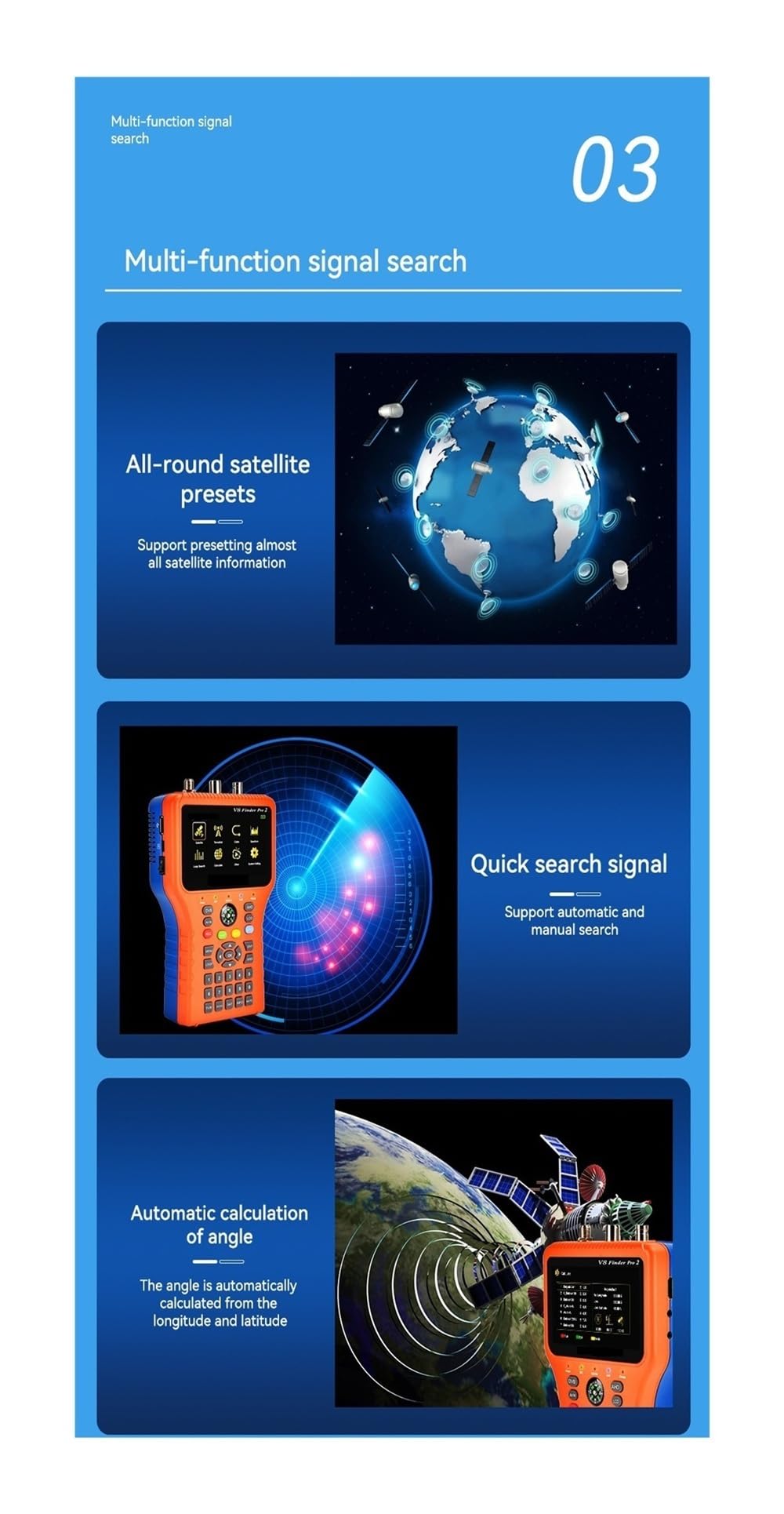 Medidor buscador de satélite Digital V8, Detector de medición de señal DVB-S2X/S2/S/T2/T/C con Pantalla LCD de 3,5 Pulgadas Borrar Pantalla