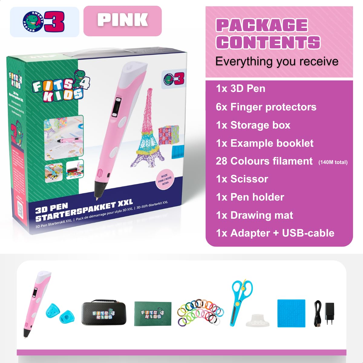 3D Drucker Stift Starterset Geschenke Für Kinder XXL, Mit 140m PLA Filament 1,75 mm Und Zubehör (Rosa)