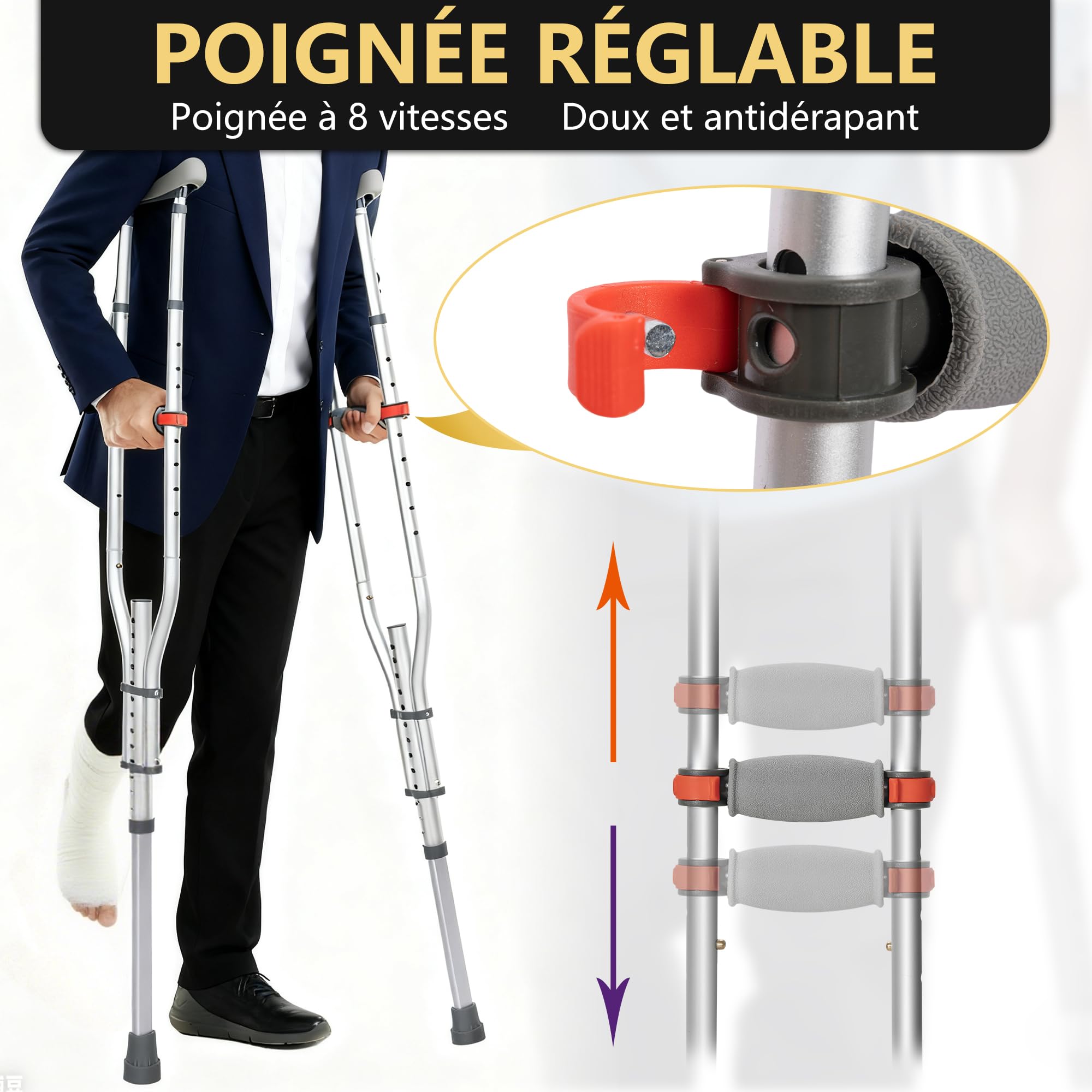 Béquille Réglables pour Adultes(x2 Unités), Capacité de Charge 150KG, 1 Paire Canne Pliable en Aluminium avec Coussinets sous les Aisselles et Pieds Antidérapants, 1 Paire de Bequille