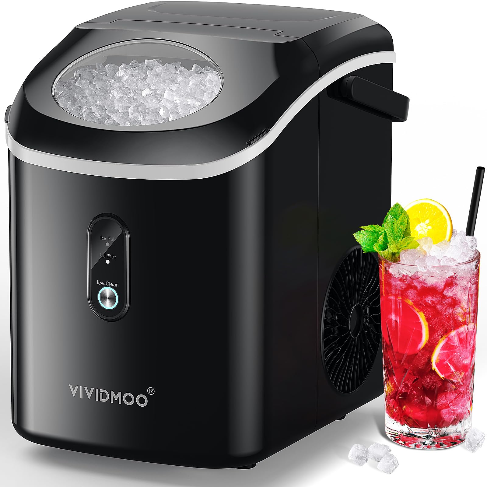 VIVIDMOO - Máquina para hacer hielo en pepitas de encimera, 15 kg/día, portátil, sónica, con autolimpieza, hielo rápido en 6 minutos, compacta, para casa, oficina, cocina, RV, camping, color negro
