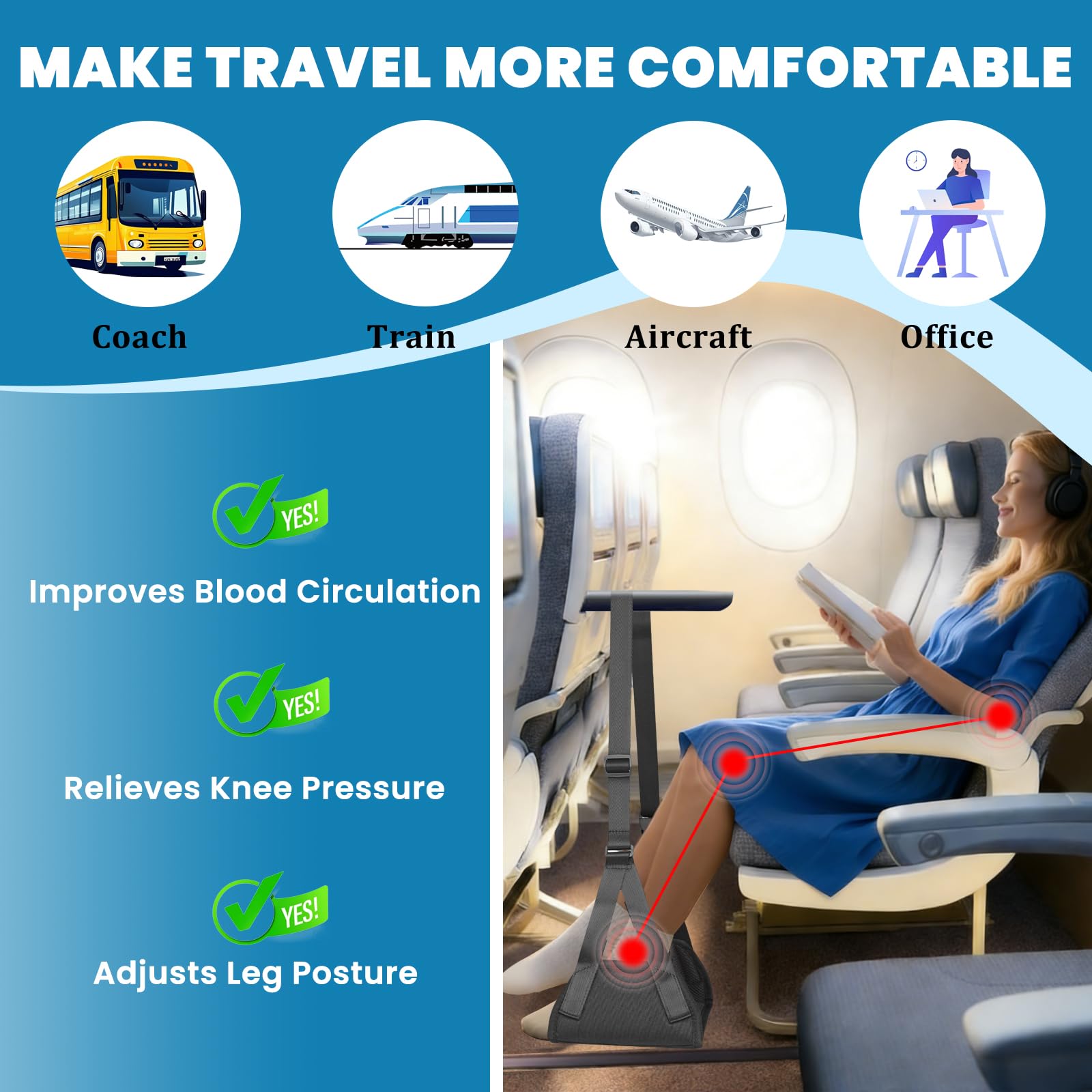 Fußstütze Flugzeug, Tragbare Verstellbare Reise Fußhängematte, aus Memory Form, Rutschfest, Atmungsaktiv, bis 40 kg Belastbar, Ergonomische Fußstütze für Reise, Büro & Zuhause