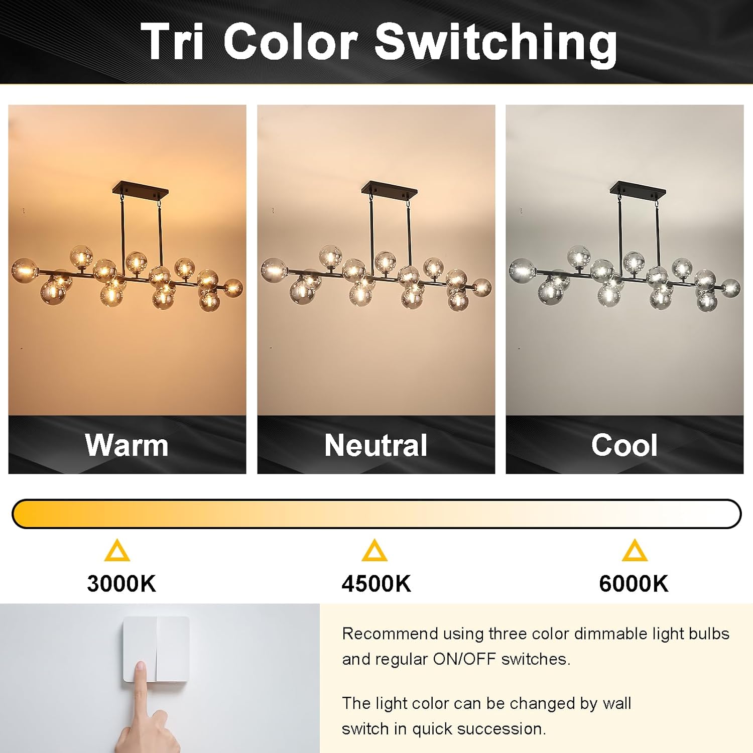 Mid Century Modern Chandelier 55in Linear Bubble Chandeliers 16-Light Black & Gray Sputnik Pendant Lighting Fixture for Dining Room Kitchen Island