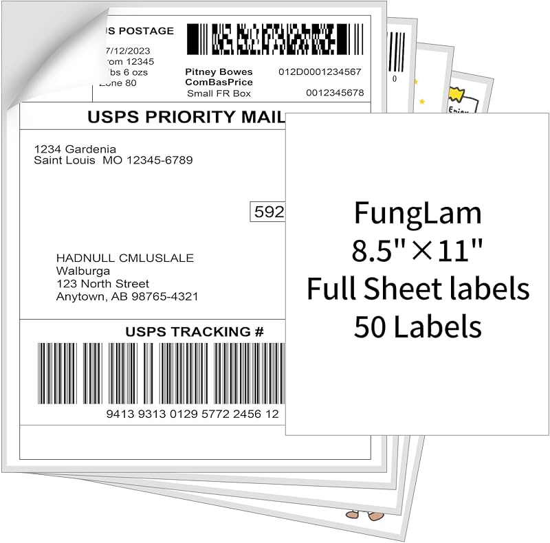 8.5" x 11" Full Sheet Sticker Paper, Printable Sticker Paper for Laser & Inkjet Printers, 50 Full Sheet Address Shipping Label（50 Labels）
