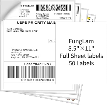 FungLam 8.5" x 11" Full Sheet Sticker Paper, Printable Sticker Paper for Laser & Inkjet Printers, 50 Full Sheet Address Shipping Label50 Labels