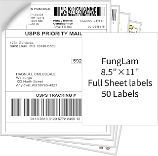 FungLam 8.5" x 11" Full Sheet Sticker Paper, Printable Sticker Paper for Laser & Inkjet Printers, 50 Full Sheet Address Shipping Label(50 Labels)