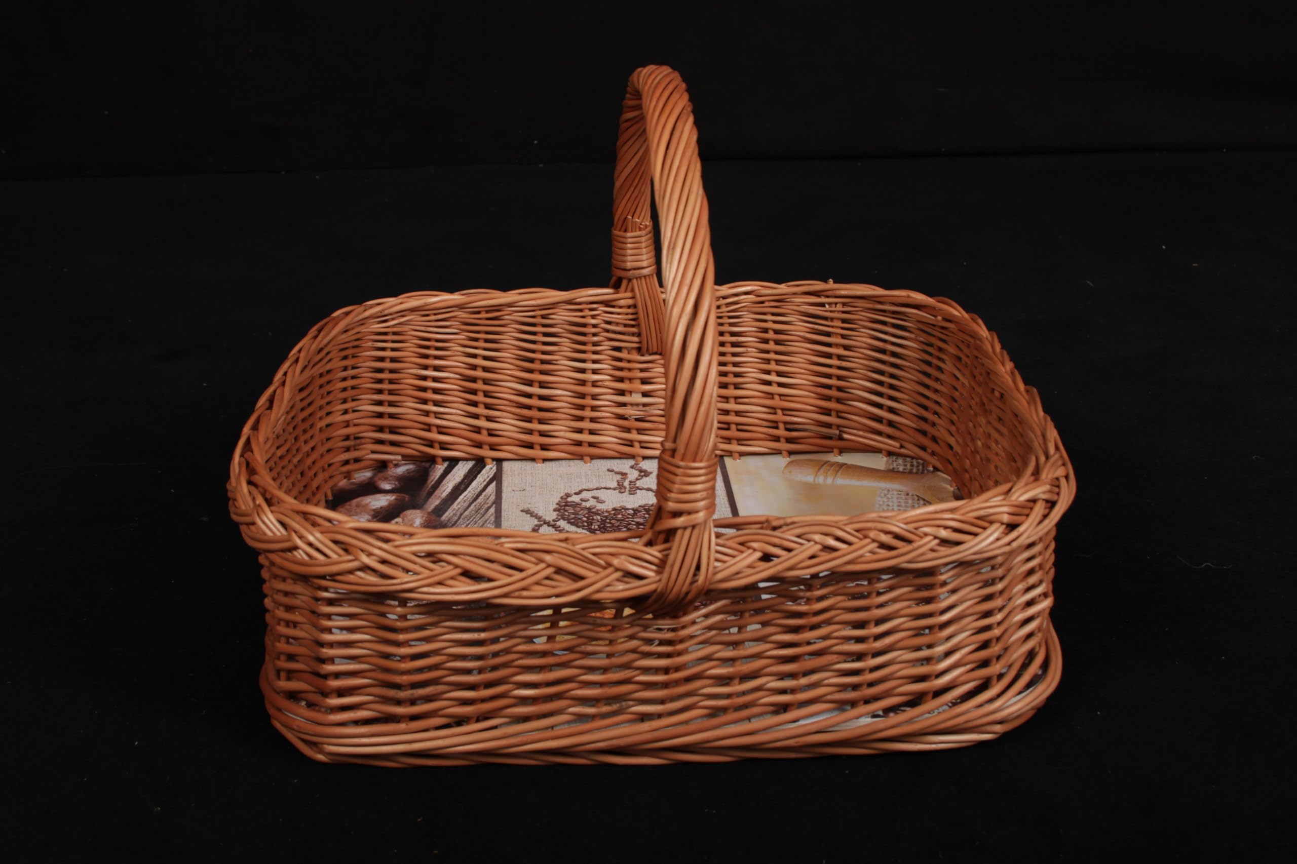 Tablettkorb mit Bügelgriff, aus unbehandelter Weide, stabiler Sperrholzboden mit hochwertiger Wachstuchfolie (Kaffee)