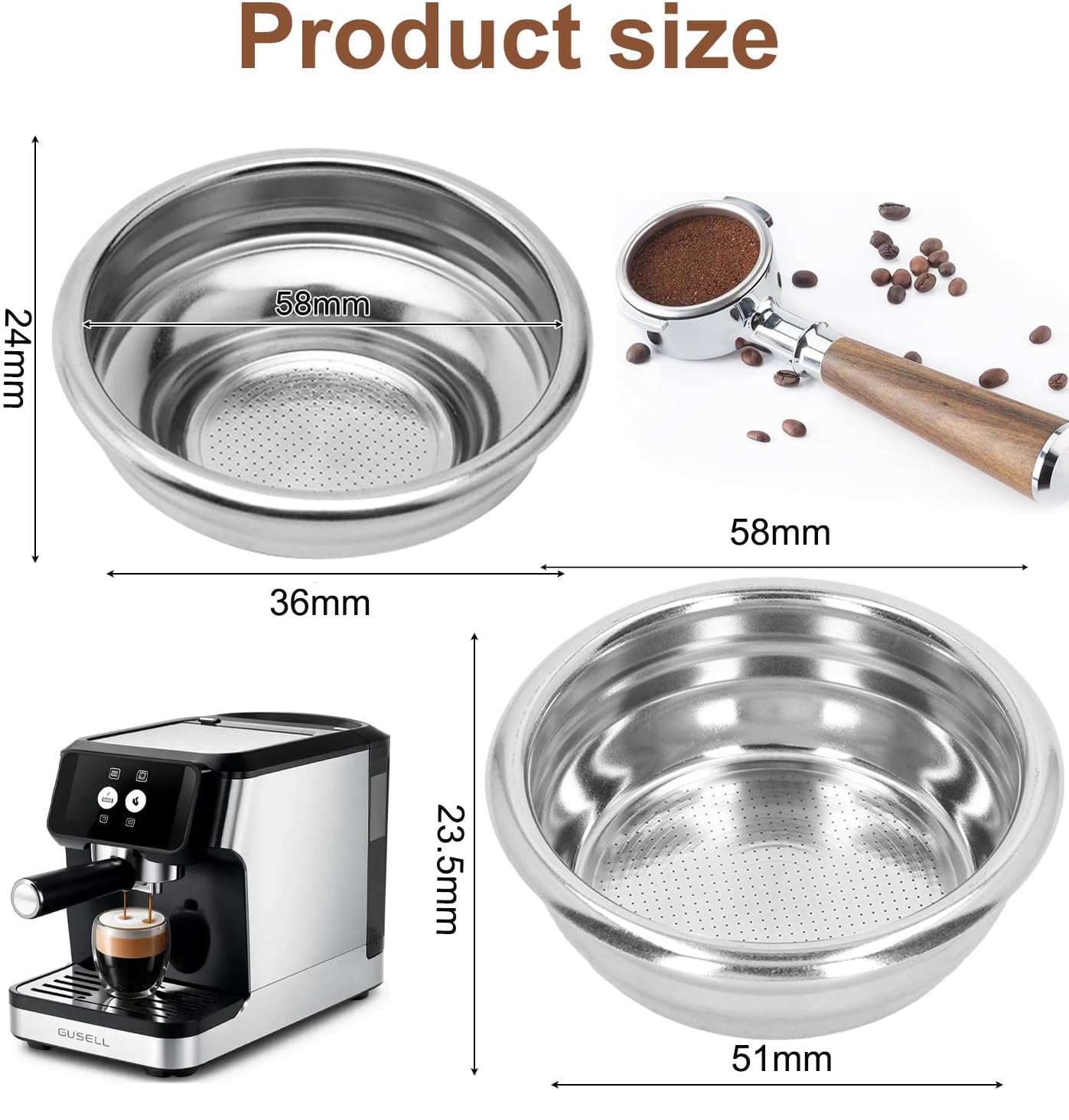 Kosz filtrujący 2 sztuki precyzyjnych koszyków filtracyjnych 58 mm do espresso, wypukłe, dwuścienne, 1-kops i 2-kops, łatwe w czyszczeniu, 1 filiżanka i 2 filiżanki, sitko do uchwytu filtra 58 mm