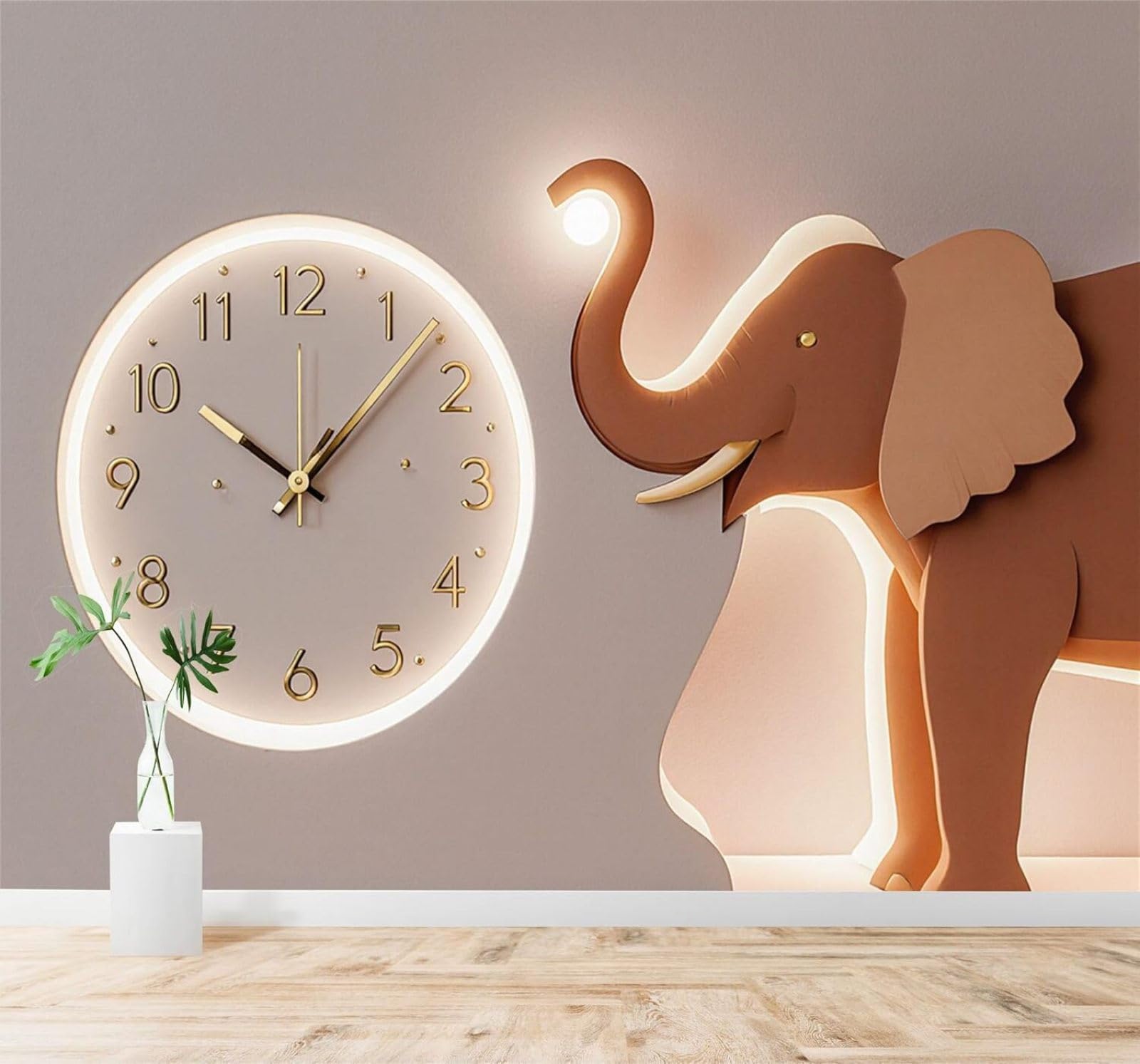 Xlming 300Cm×210Cm(B×H) Minimalist Elephant Wall Clock Warm Lighting Art 3D Wallpaper Silky Texture Home Study Office Grey Dining Room Sofa Bedroom Living Room Tv Backdrop-300Cm×210Cm