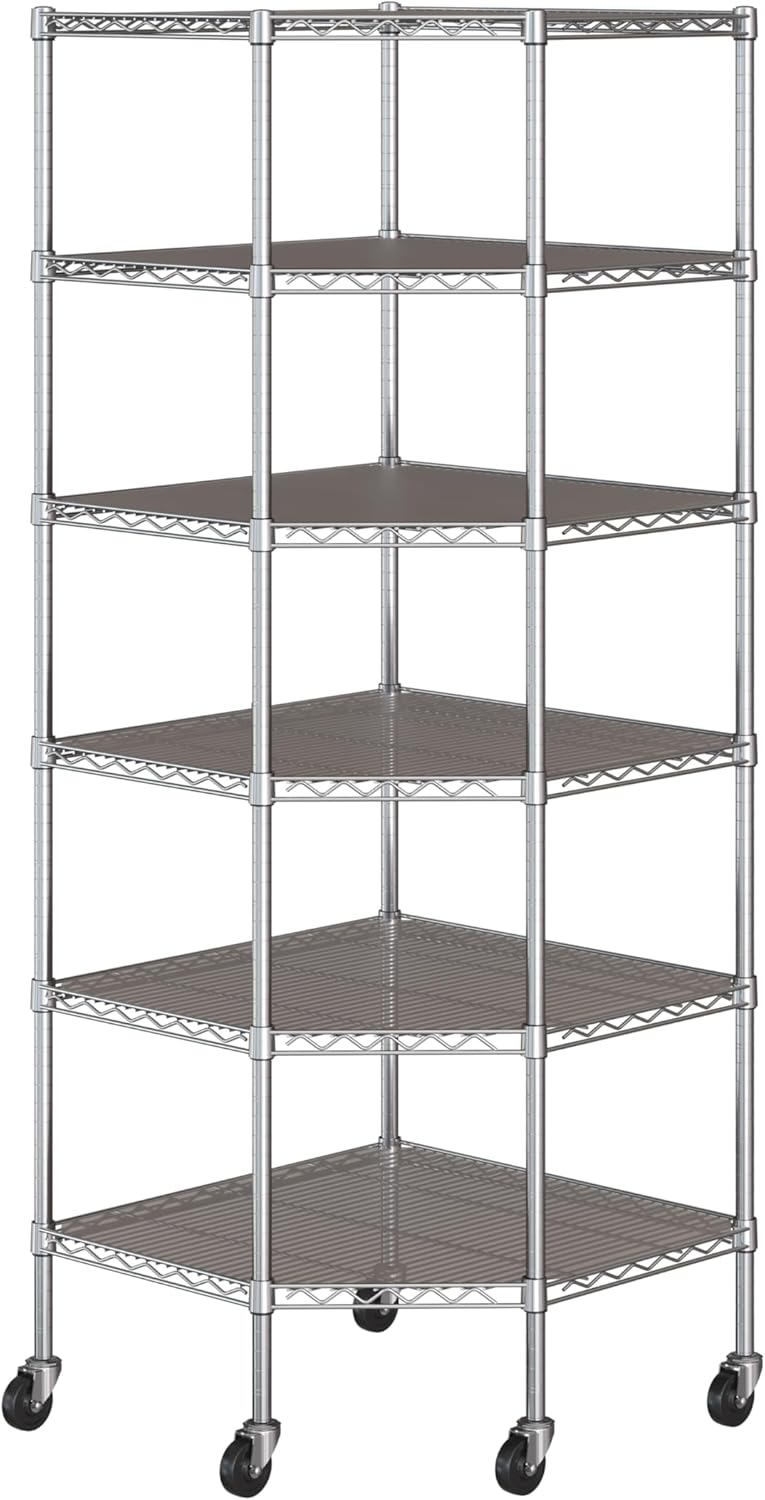 Seville Classics UltraDurable Commercial-Grade 6-Tier NSF-Certified Corner Steel Wire Shelving with Wheels, 28" W x 28" D x 72" H