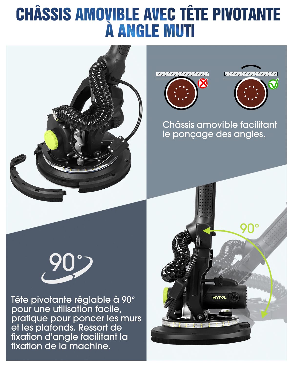 MYTOL Ponceuse Girafe Aspirante, 900W Électrique Girafe Ponceuse avec Aspirateur Poignée Pliable Extensible, 6 Vitesses, Vitesse Maximale 1800U/min, Éclairage LED, 12 Papiers Abrasifs