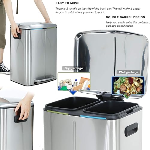 Miniatura 5 de Bote de basura de 10 galones 40L con tapa para papelera de metal de acero inoxidable de oficina 2 zonas de cubo extraíbles papelera de basura