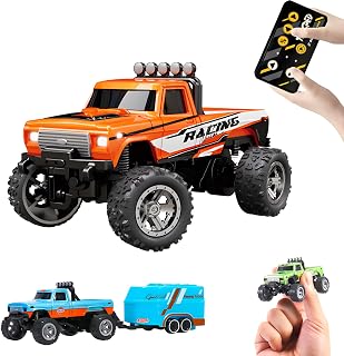 Mini Rc Truck, 1:64 Scale Monster Truck Remote Control Car with Lights, 2.4Ghz Mini Alloy Remote Control, Speed/Steering Adjustable (Orange)