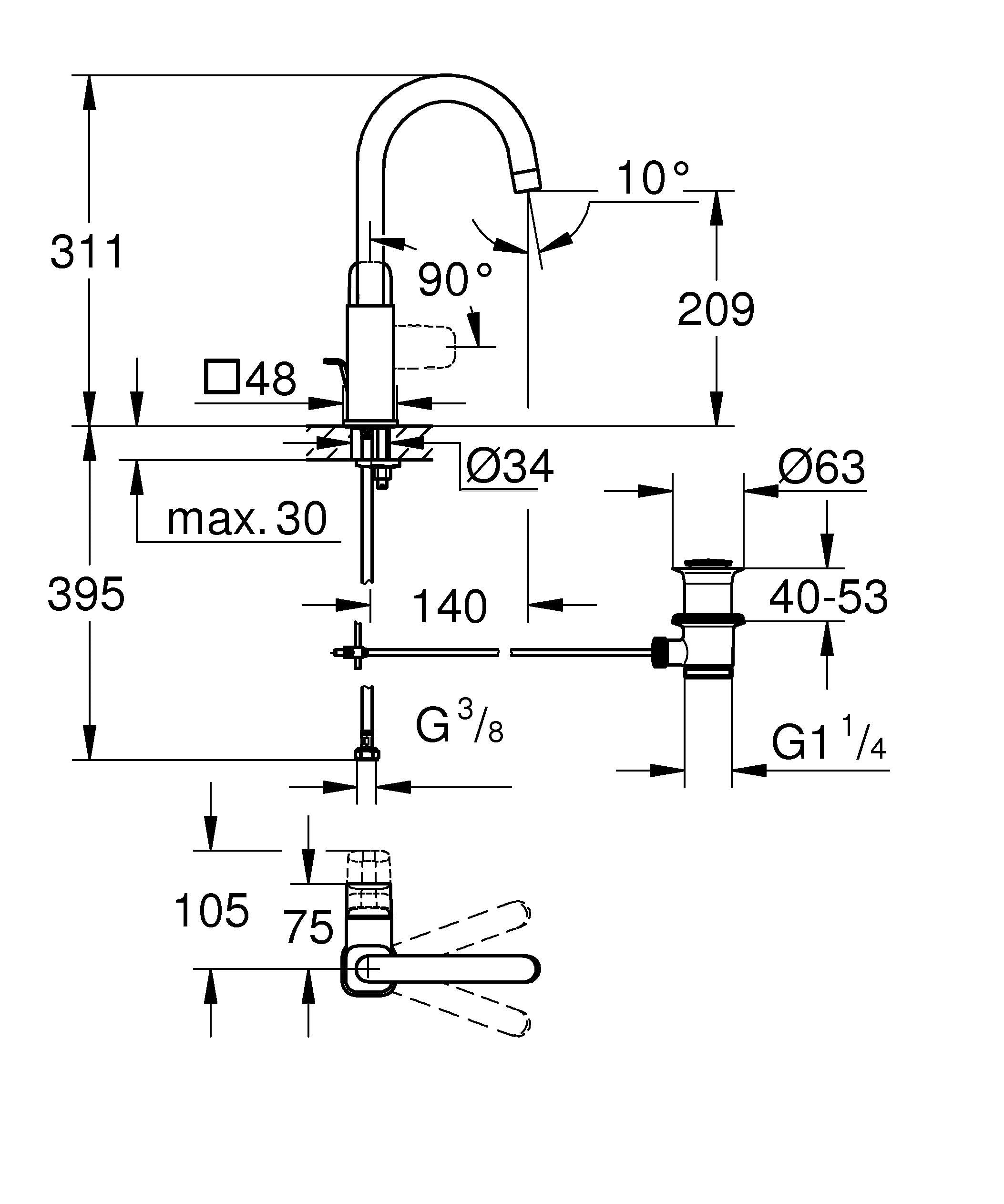 GROHE Dice, Waschtischarmatur hoch, wassersparend (Wasserhahn für das Bad, Badarmatur mit Zugstangen-Ablauf, 31cm hoch, mit 3in1 Werkzeug, einfache Installation), mattschwarz, 1018712430