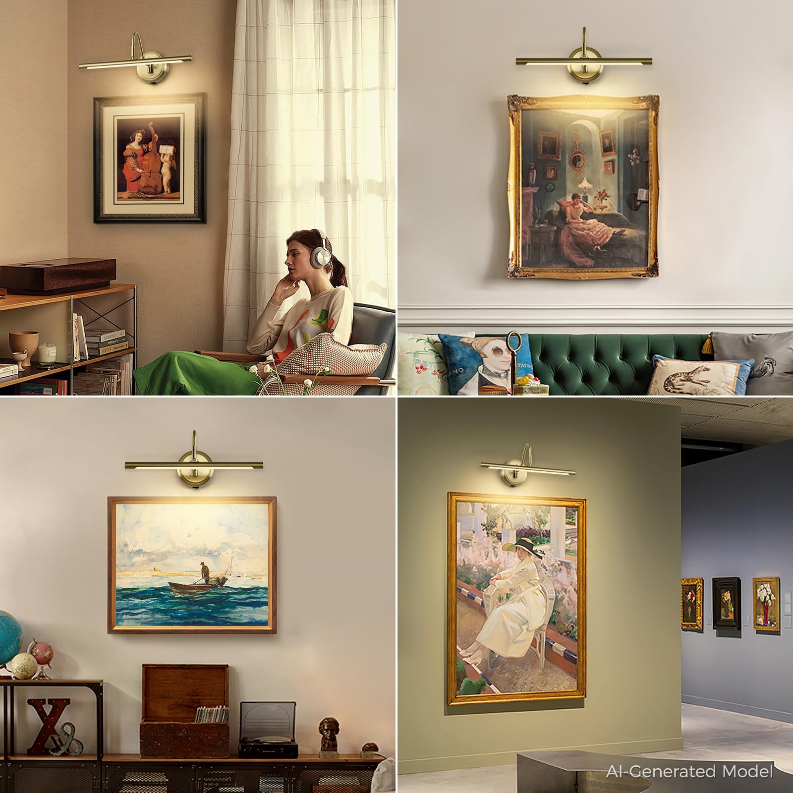 JOOSENLUX Battery Operated Picture Light Gold - Modern Wireless Picture Lights for Wall Dimmable 16.5inch Under Cabinet and Swing Arm for Canvas Sconce 3000K CRI95
