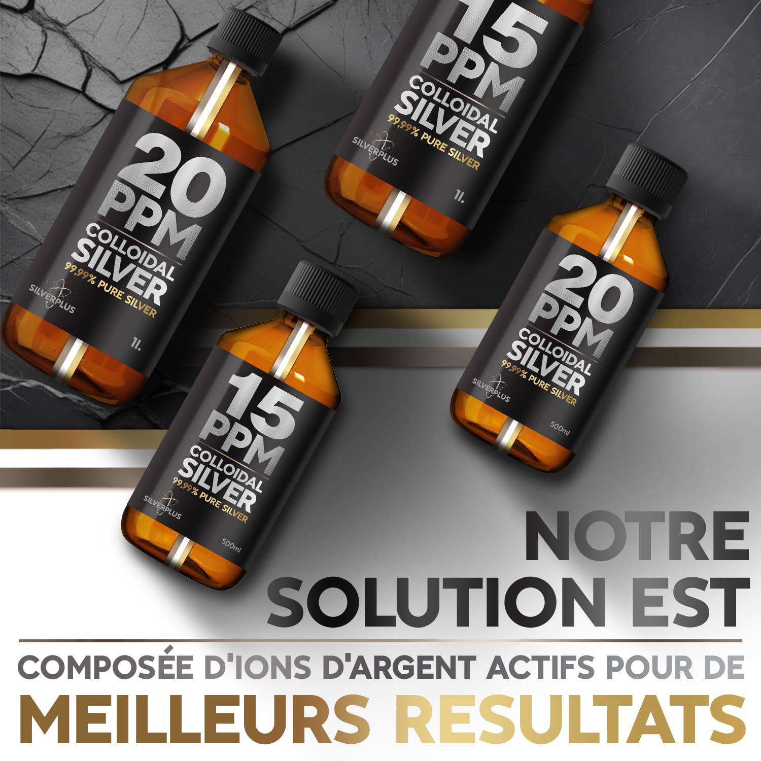 Argent Colloïdal 15ppm ● 1000 ml ● Fabriqué en France ● Argent pur à 99,99% ● Ions d'argent actifs ● Pour toute la famille ● Laboratoire certifié GMP ● Solution 100% Naturelle ● SILVERPLUS