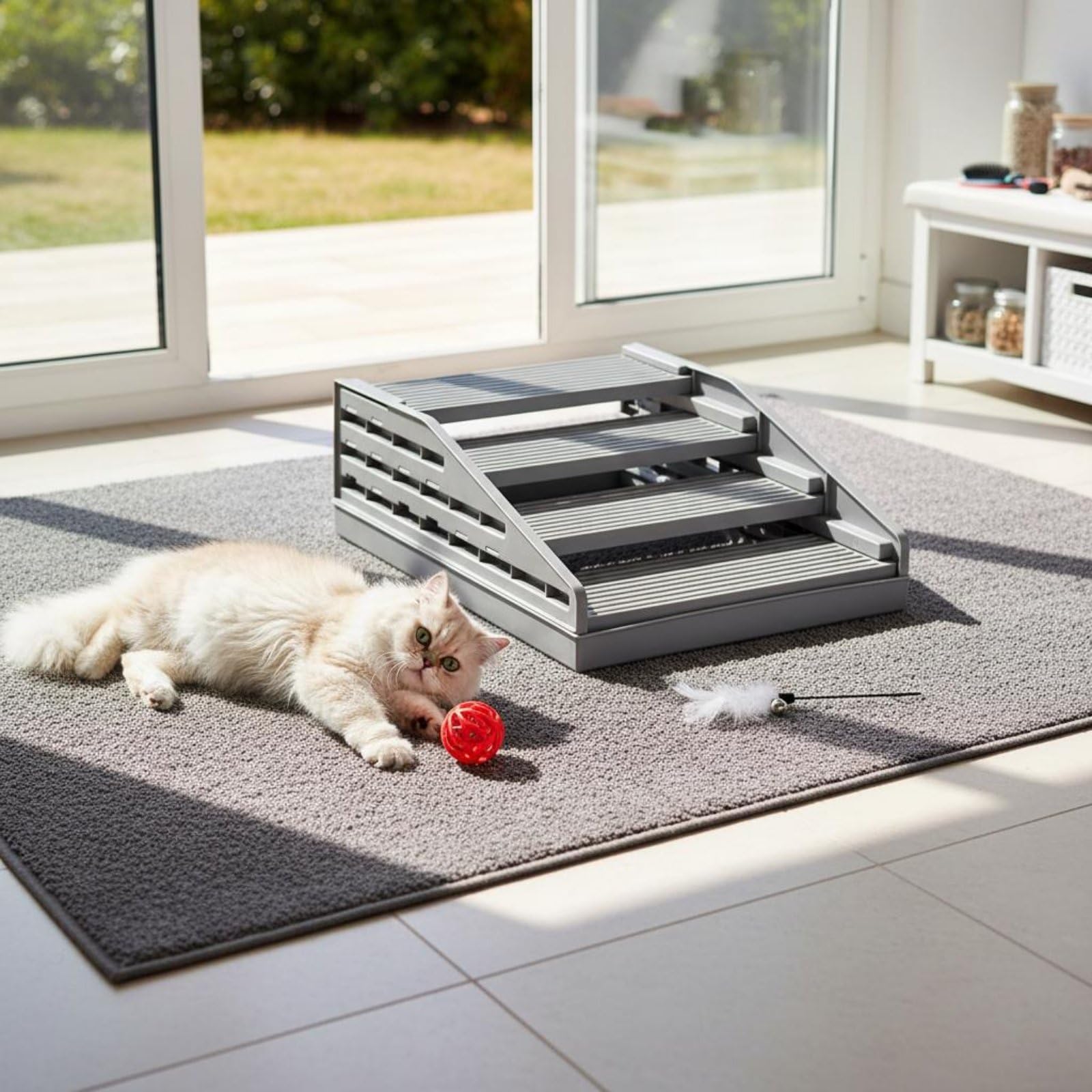 Qianly Litter Control Pad Tapete para Gatos con Rampa Arena Alfombra para Arenero con Malla y Bandeja para Recoger Antideslizante y Reutilizable, Amarillo