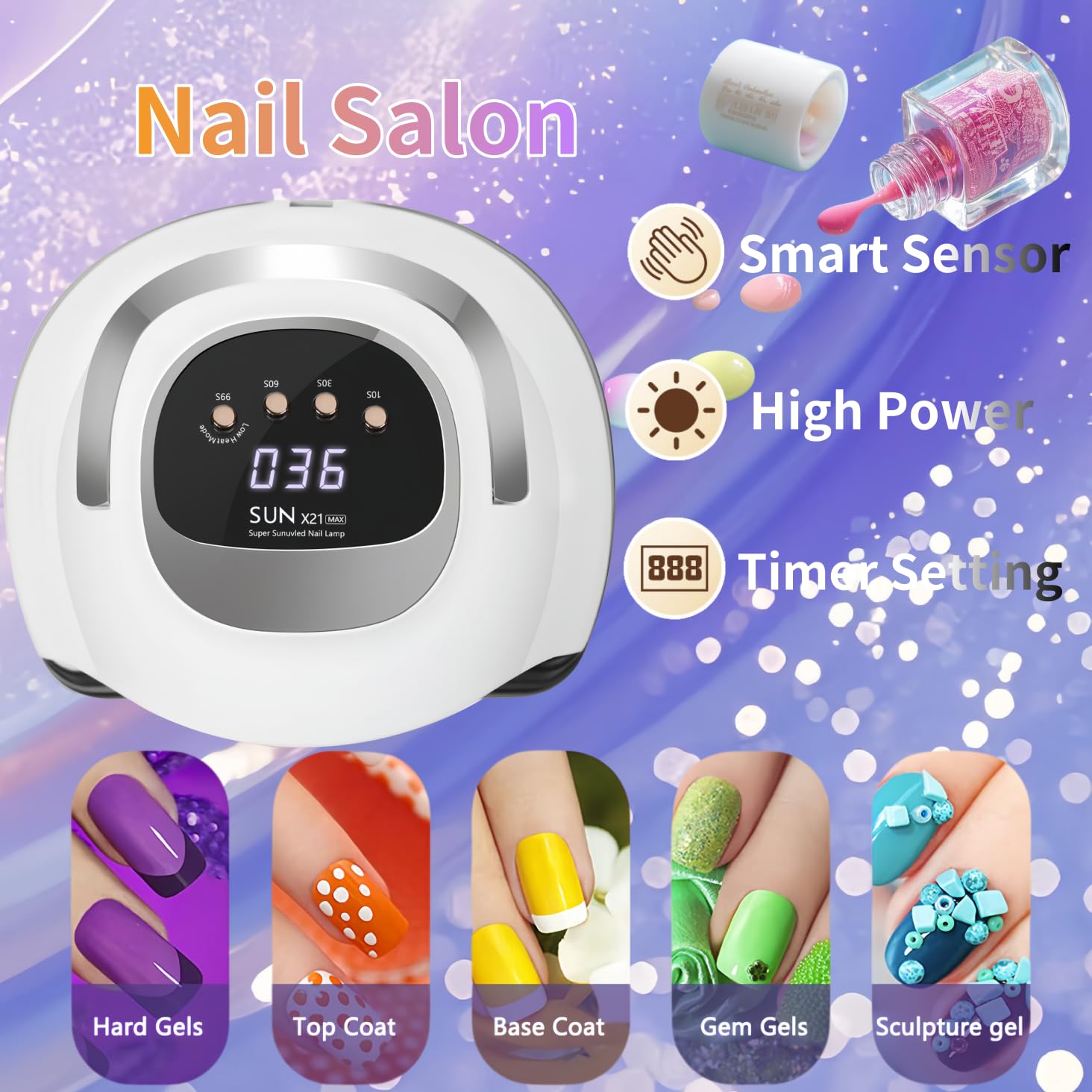 Lampe UV Pour Ongles en Gel, Lampe UV Professionnelle Pour Ongles 320W avec 72 LED, Capteur Automatique, 4 Minuteries