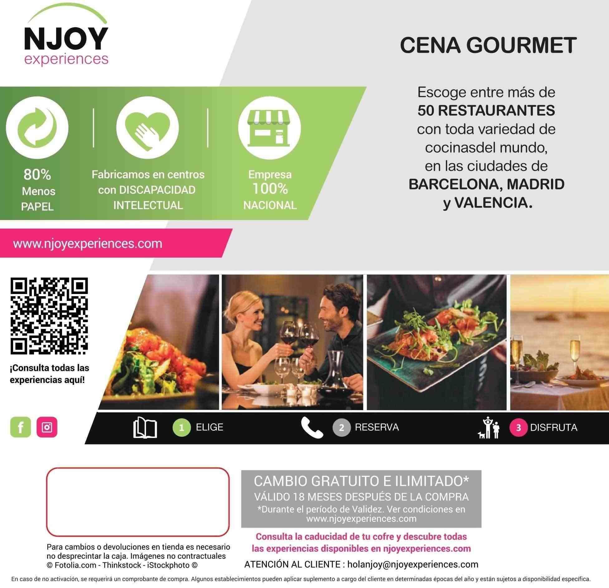 NJOY Experiences- Caja Regalo – CENA GOURMET para 2 - Idea de Regalo – Experiencia Gastronómica para dos personas