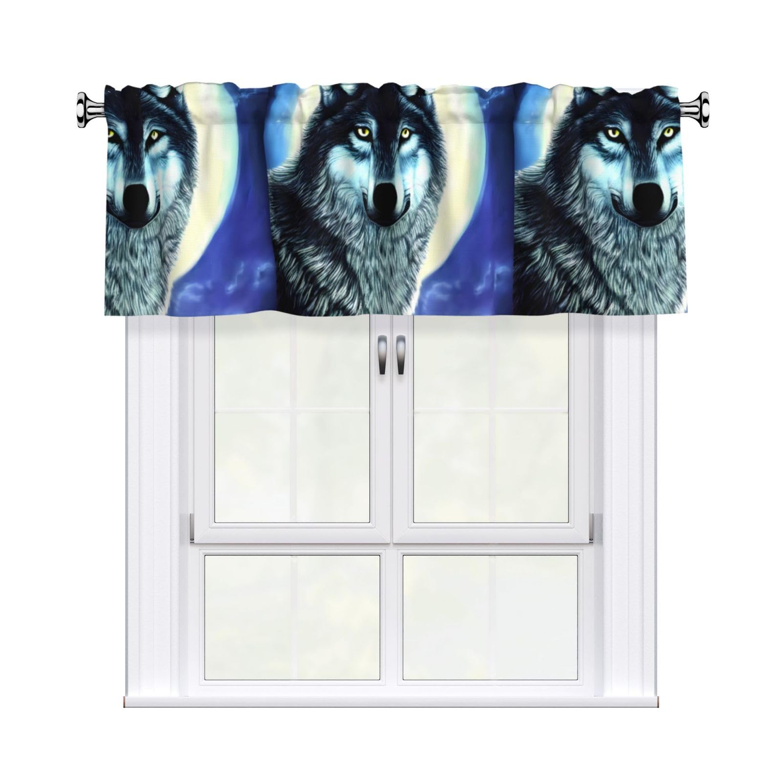Whjshop Black Wolf Under Moon Picture Curtain With Short Pole, 54X18in For Enhancing Kitchen Windows, Bathrooms, Laundry Rooms, And Studios