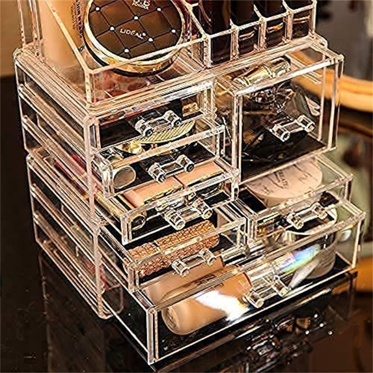 Organizer per Trucco in Acrilico,7 cassetti e 16 Organizer per Trucco a griglia con custodie per Cosmetici,9,5" X6,5 X11,8,Set da 2 Pezzi Trasparenti,Trasparente