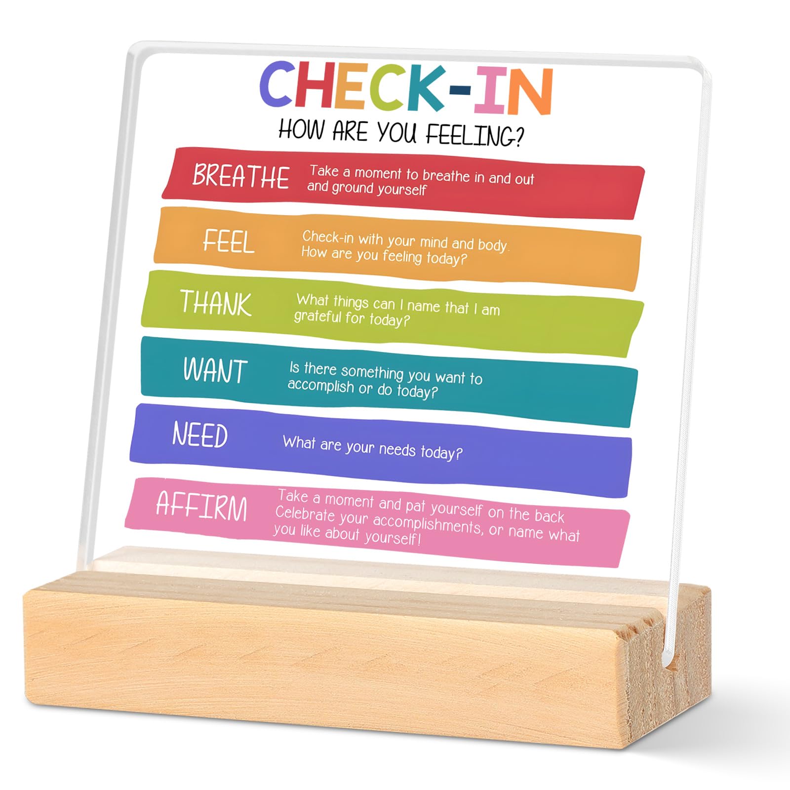 Feelings Check In, Mental Health Sign, Self Care Sign - Check In Therapy Office Decor, Therapist Office Decor - Clear Plaque Sign With Wooden Stand