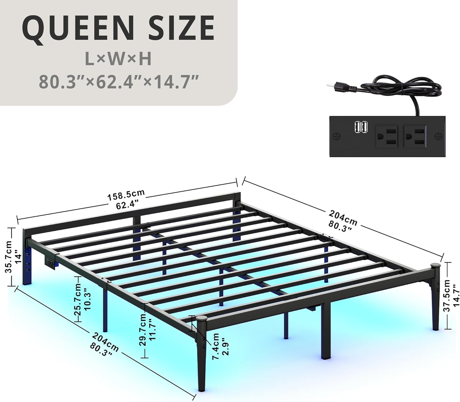 Diagram showing the dimensions of the LIKIMIO Queen Size Bed Frame