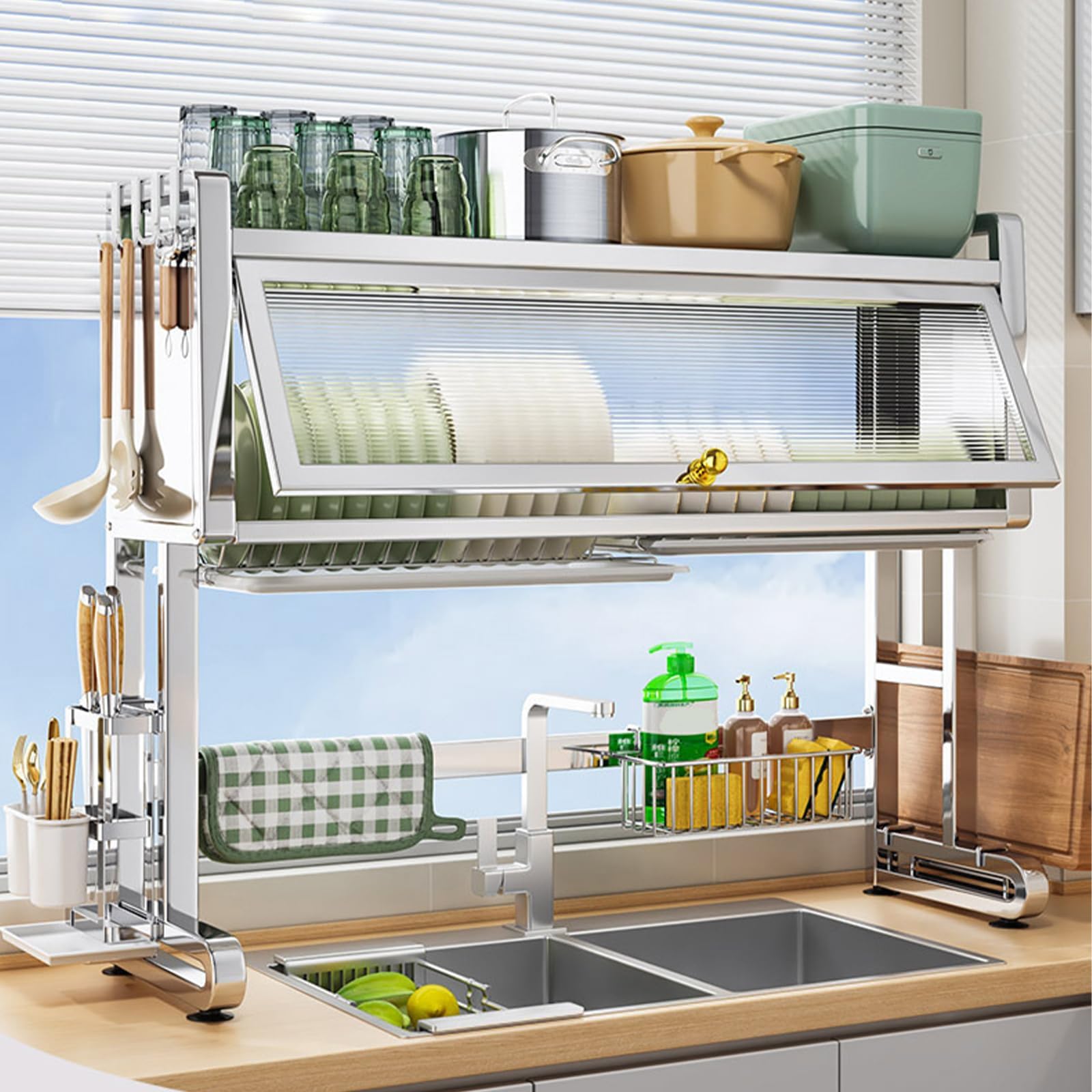 3-Tier Over The Sink Dish Drying Rack With Cover - Space-Saving Dish Drainer For Dishes, Glasses, Bowls & Cutlery - Kitchen Counter Organizer & Storag(97 * 30 * 69Cm/38.2 * 11.8 * 27.2In)