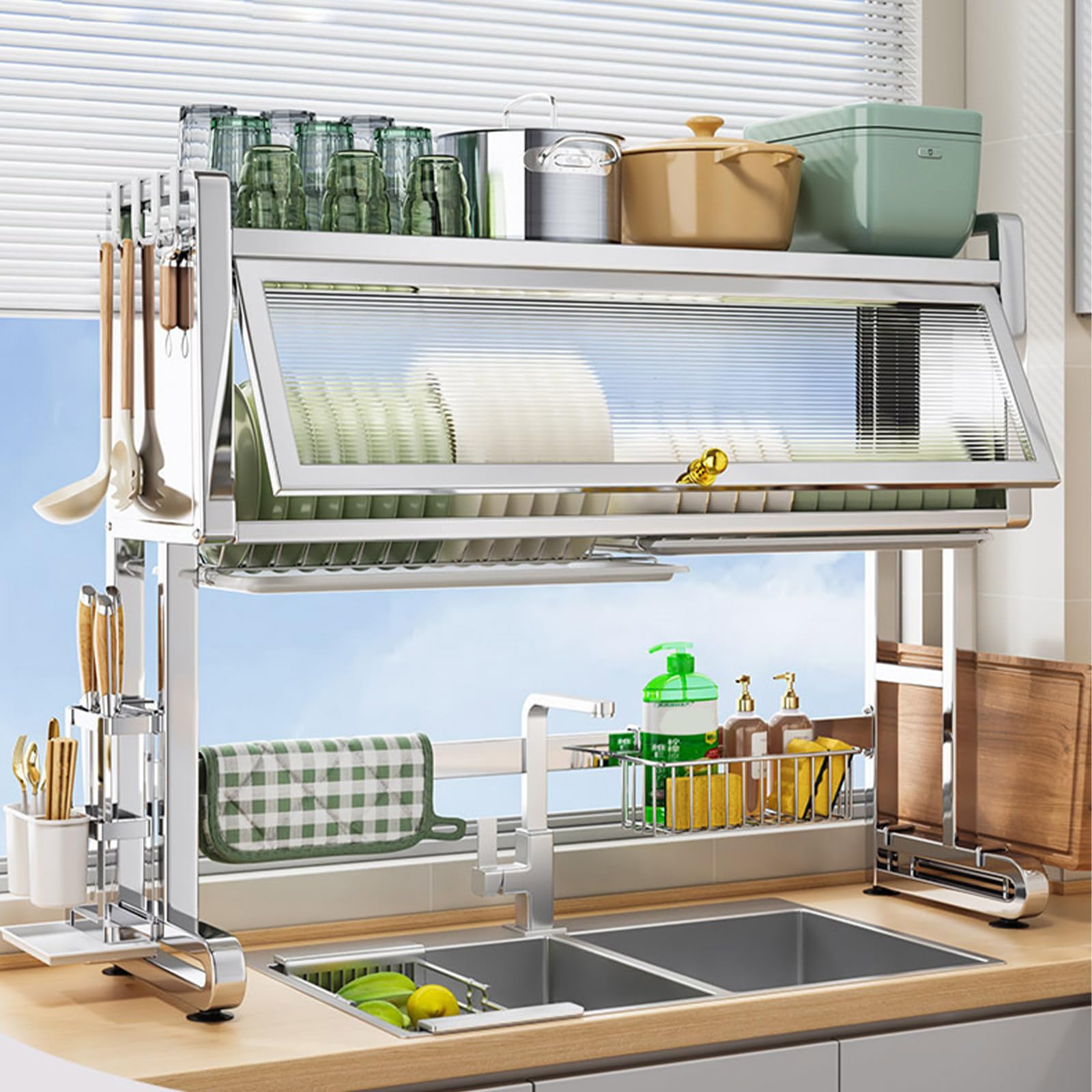 Égouttoir à vaisselle compact avec couvercle protecteur pour éliminer le bazar de la cuisine