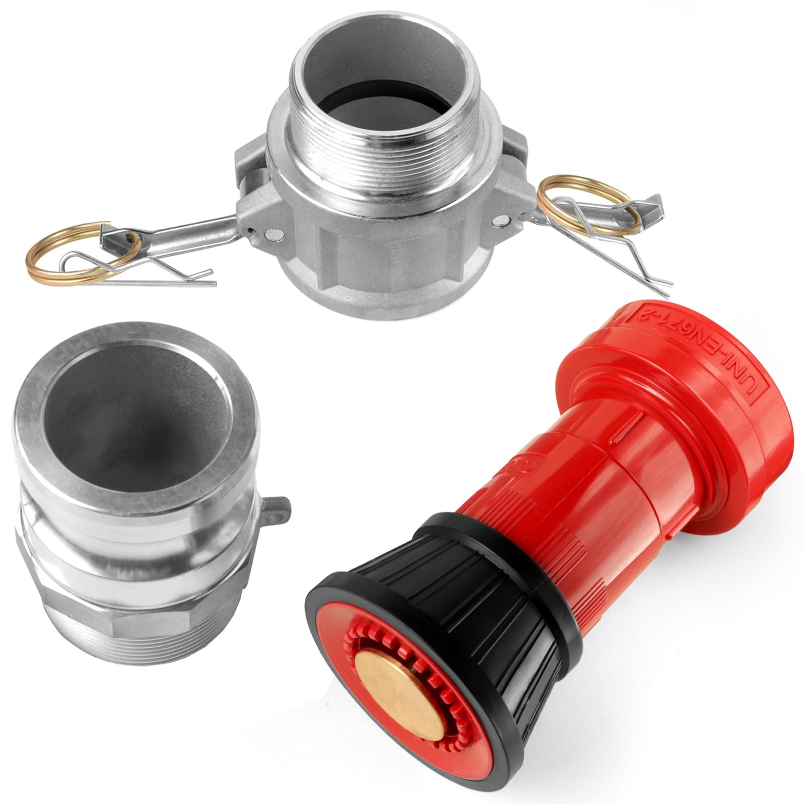 Boquilla de manguera de incendios, manguera de fuego industrial de alta resistencia NPSH de 1-1/2 pulgadas, boquilla de niebla de flujo constante con 2 piezas de acoplamiento Camlock de aluminio de