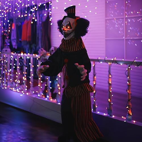 Miniatura 4 de Hourleey Decoración de payaso animatrónico de tamaño real para Halloween, payaso animatrónico aterrador con ojos rojos intermitentes, decoración de