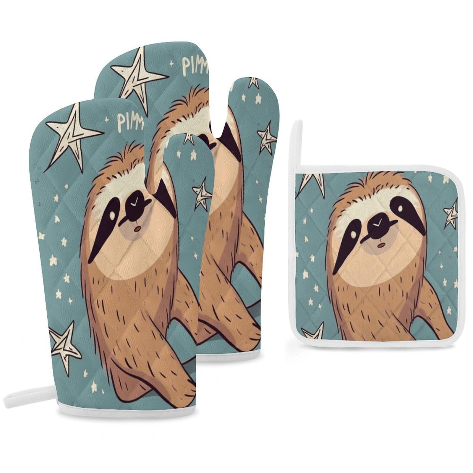 Fekiloot Style Funny Sloth Stars Oven Mitts Funny Heat Resistant,Oven Glove With Hanging Loop,Resistant Hot Pads For Kitchen Baking Grilling Cooking