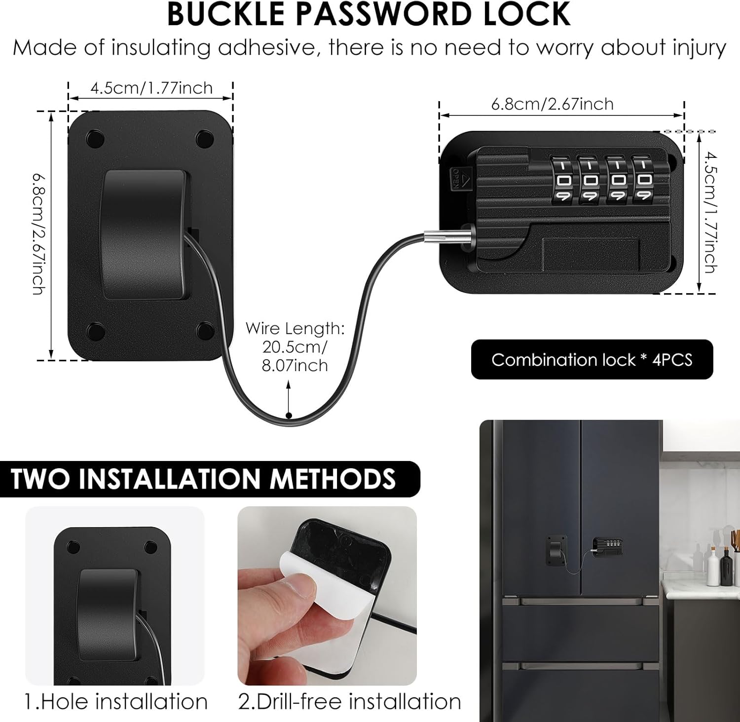 4 Pack Refrigerator Lock, Heavy Duty Refrigerator Locks Kit with Password, Drill-Free Childproof Cabinet Fridge Locks, Safety Freezer Combination Lock for Refrigerator Cabinets Drawers Window, Black