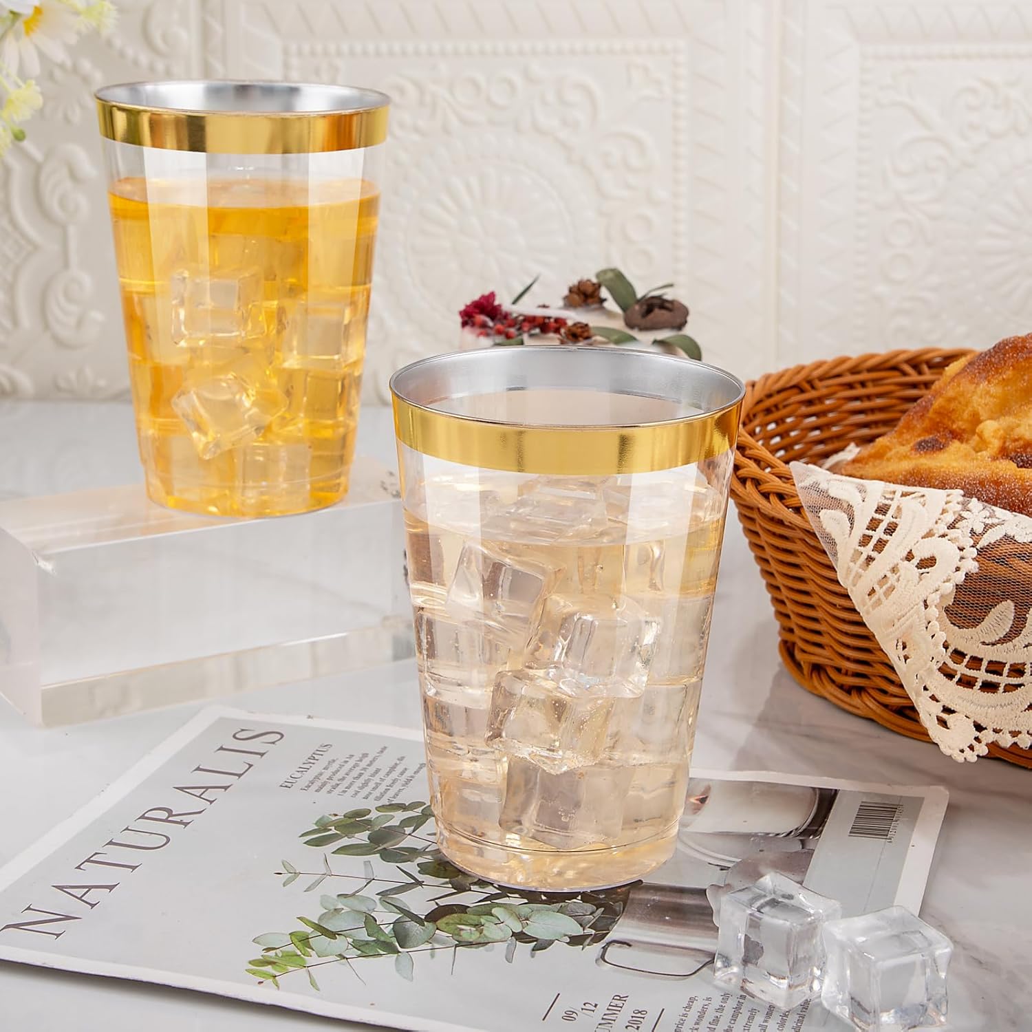 I00000 200 Pack 12 oz Gold Plastic Cups, Clear Disposable Cups, Disposable Plastic Wine Glasses Cocktail Glasses Premium Cups with Gold Rim, 12 Ounce Tumblers for Party & Wedding - Image 6