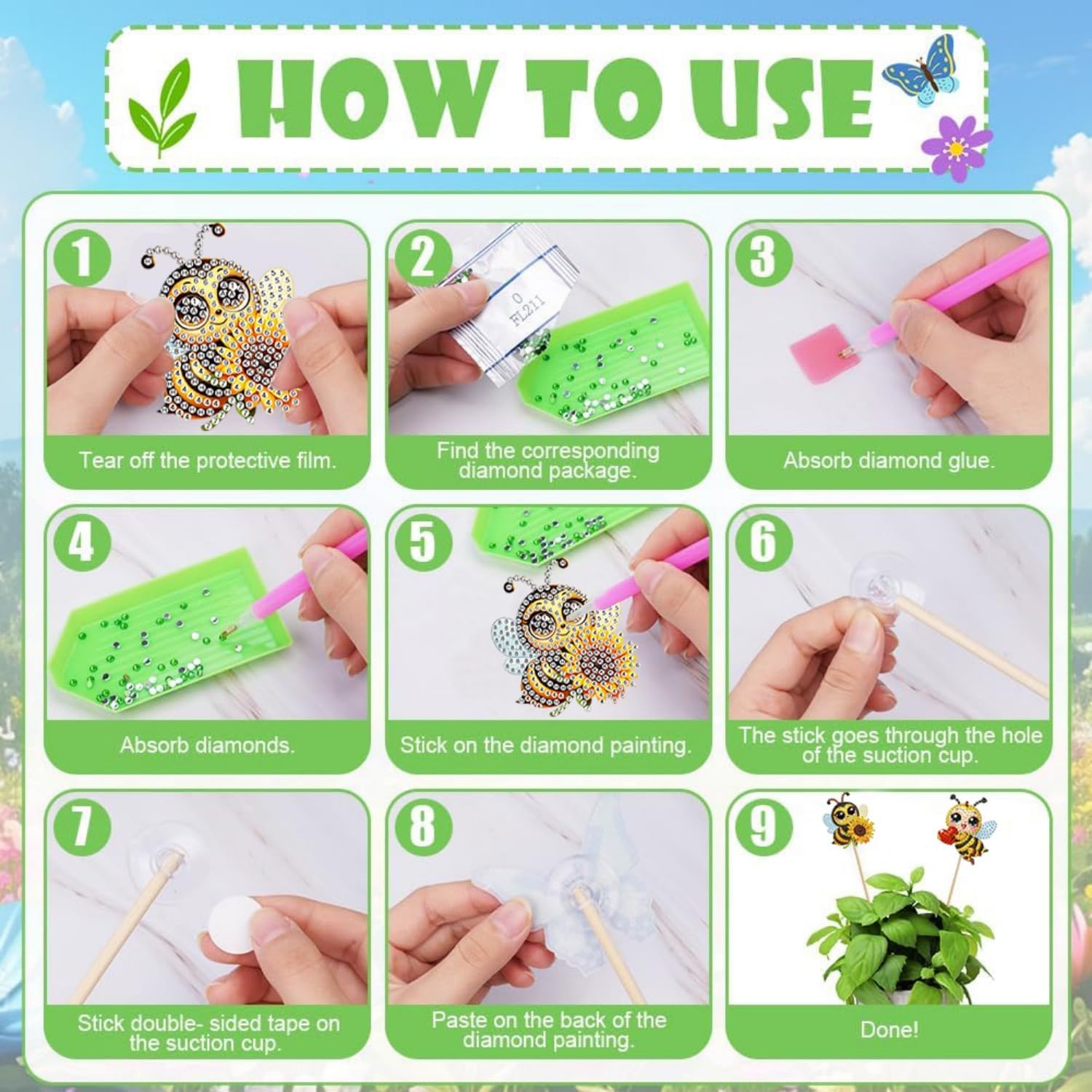 Masendp 10 Pcs Bees Diamond Painting Kits, Diamond Art Kits for Garden Decor, Flag Stakes Diamond Art Kits for Adults, Crafts for Adults
