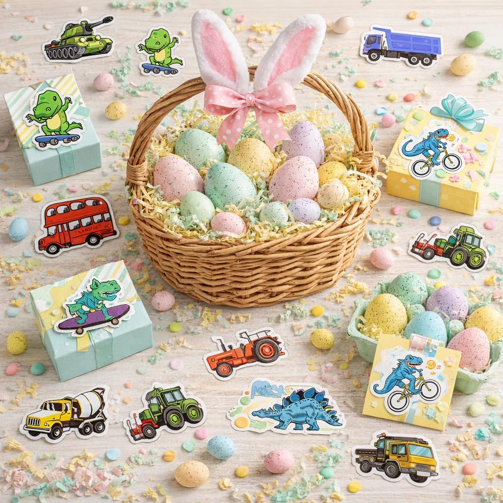 100 Pcs Dinosaur Vehicle Stickers for Kids Boys Water Bottles Laptops Scrapbook Decoration Party Favors Classroom Rewards Cartoon T Rex Construction Truck Waterproof Vinyl Decals