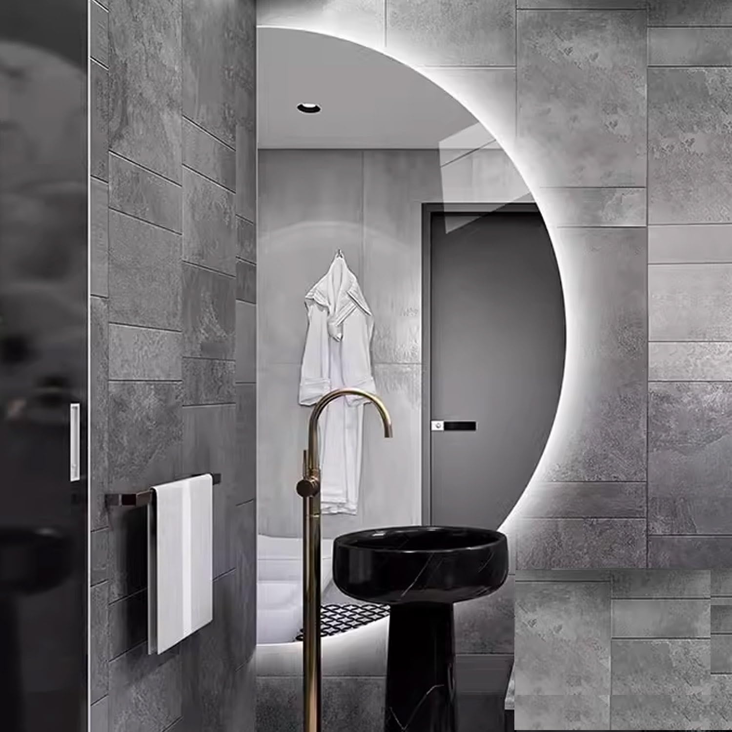 Moderno espejo de tocador con luz LED de media luna con función antivaho regulable, ideal para baño, dormitorio, sala de estar y entrada, diseño de corte izquierdo de 40 x 80 cm