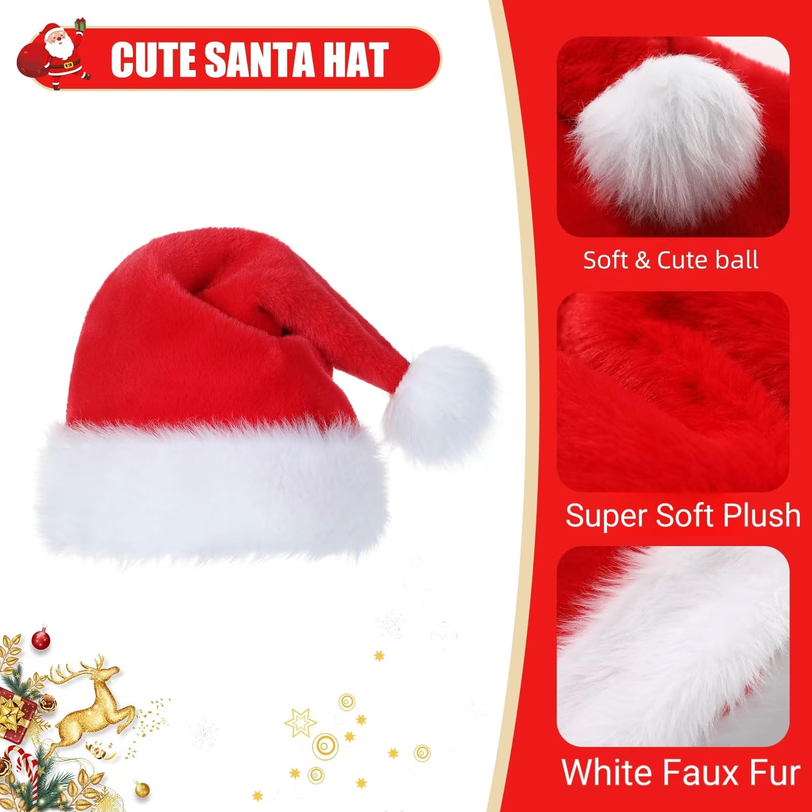 Sombrero de Navidad, sombrero de Papá Noel, sombrero de Navidad para adultos, sombrero de Papá Noel de felpa súper suave para Navidad, Año Nuevo, fiesta