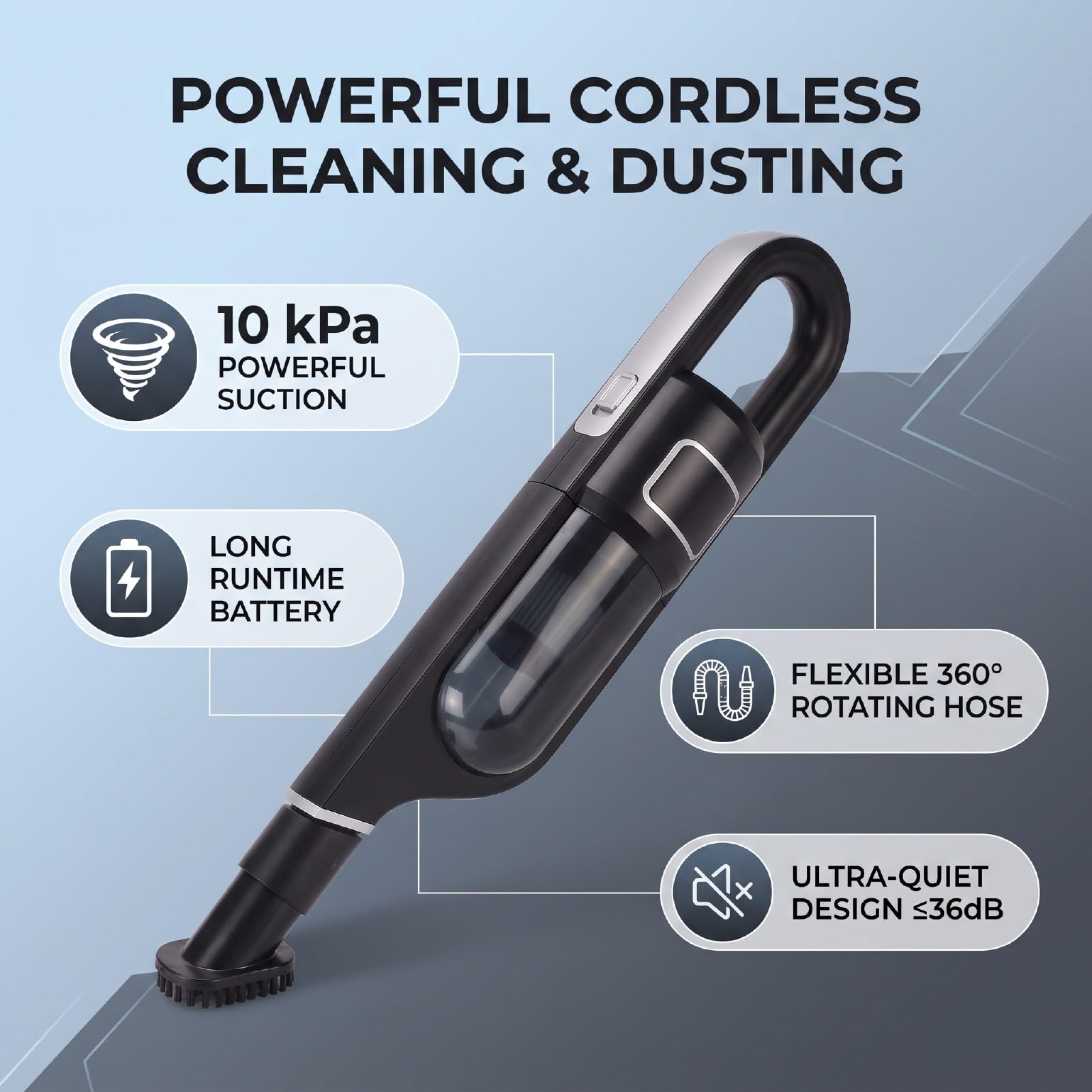 Luocute Aspirador de Mano, Succión de 10KPA con Batería de 6000mAh | Aspiradora de coche inalámbrica silenciosa de 36 dB para oficina en casa