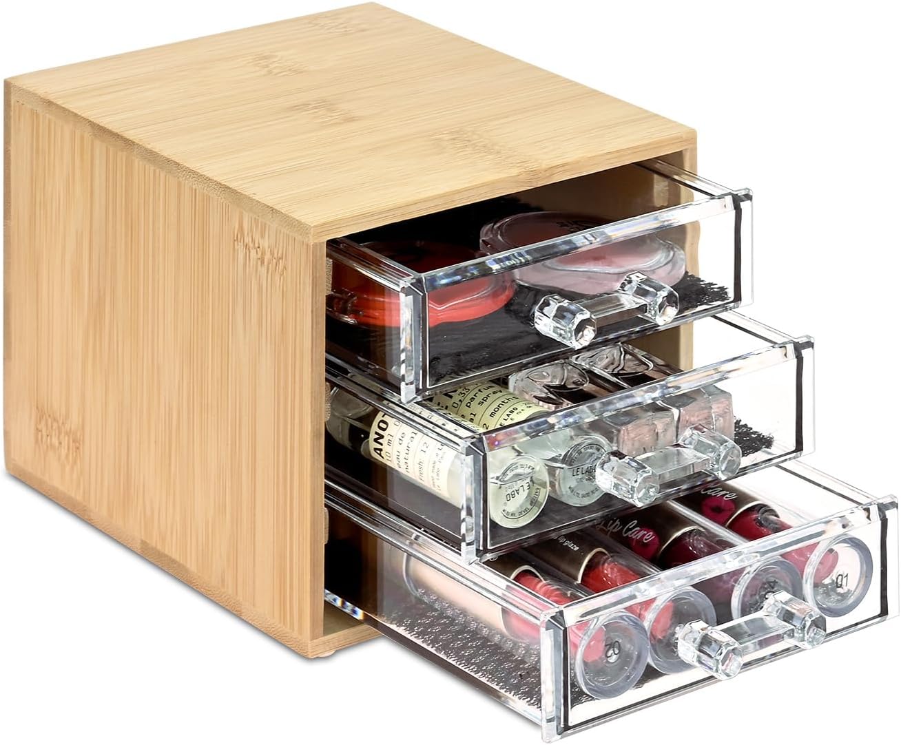 Ikee Design Bamboo Makeup Organizer, Desktop Drawer Organizer with Three Clear Acrylic Drawers, Office Desk Organizer for Lipsticks, Cosmetics, Jewelry, and Accessories for Vanity, Home Ikee Design Bamboo Makeup Organizer, Desktop Drawer Organizer with Three Clear Acrylic Drawers, Office Desk Organizer for Lipsticks, Cosmetics, Jewelry, and Accessories for Vanity, Home