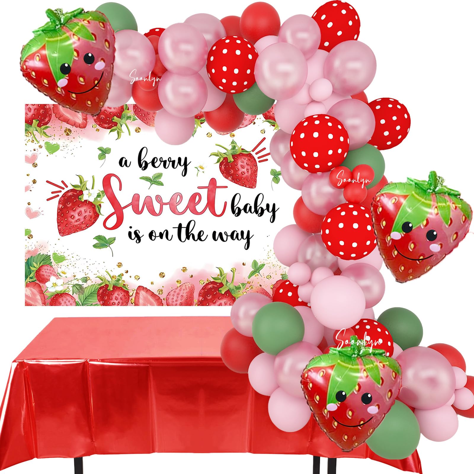 Soonlyn All-In-1 Strawberry Baby Shower Decorations with Strawberry Balloon Arch Kit 11Ft Strawberry Backdrop Tablecloth for a Berry Sweet Baby is on
