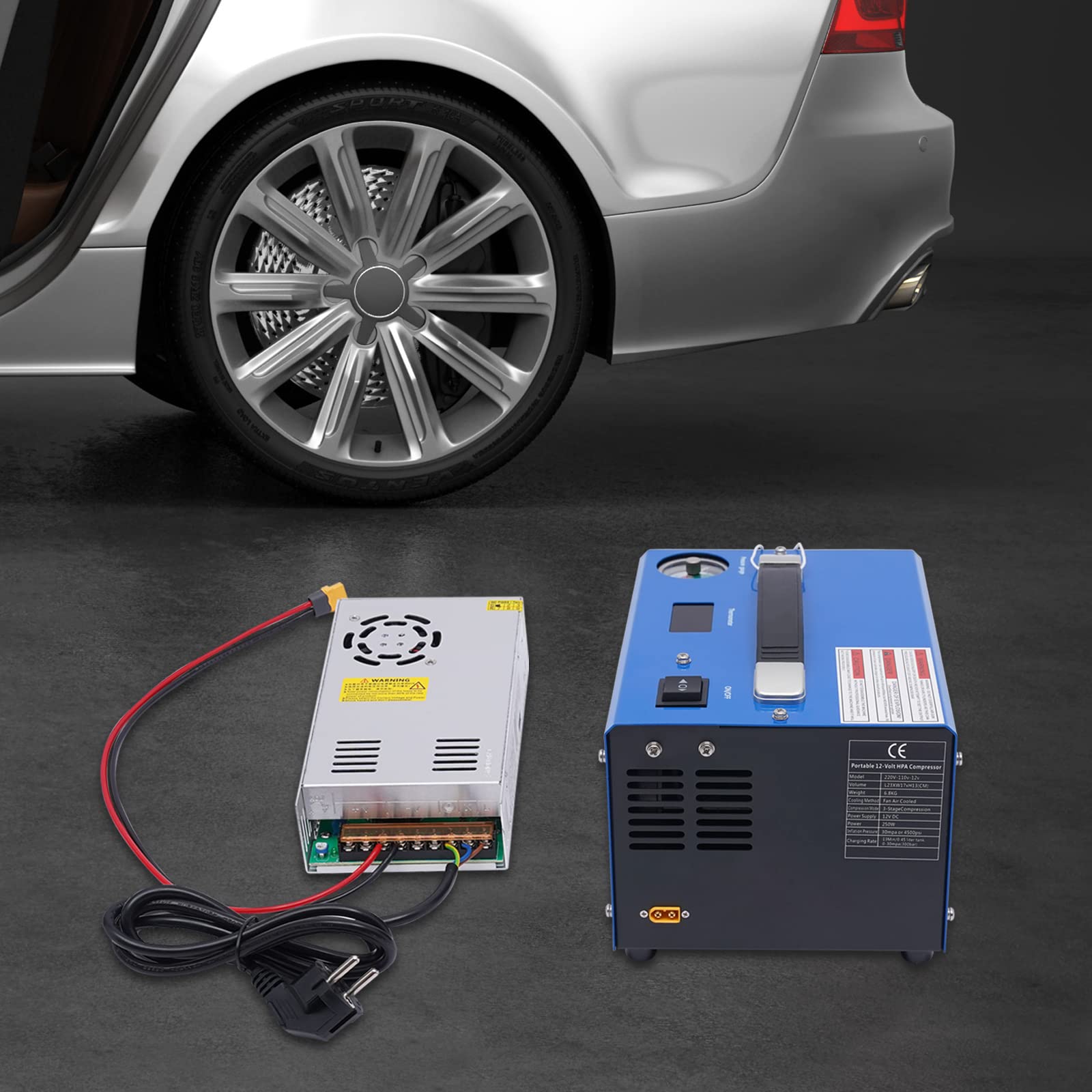 Compresor de aire de alta presión versión con apagado automático, 30 MPa/300 bar, compresor de aire, bomba de 12 V, 250 W, PCP, portátil, 4500 PSI, funciona con tanques de 200-1000 cc capacidades de